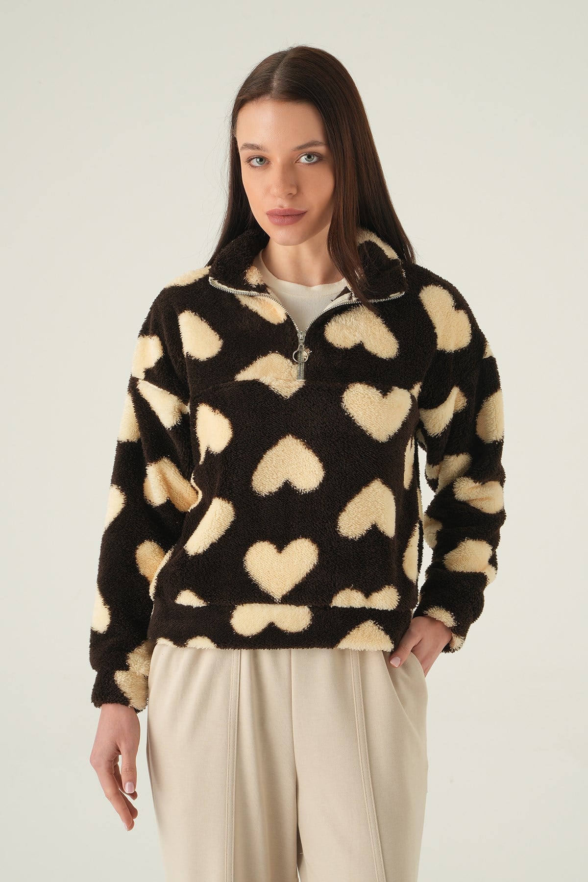 Kahve Kalpli Fermuarlı Sweat 3121A