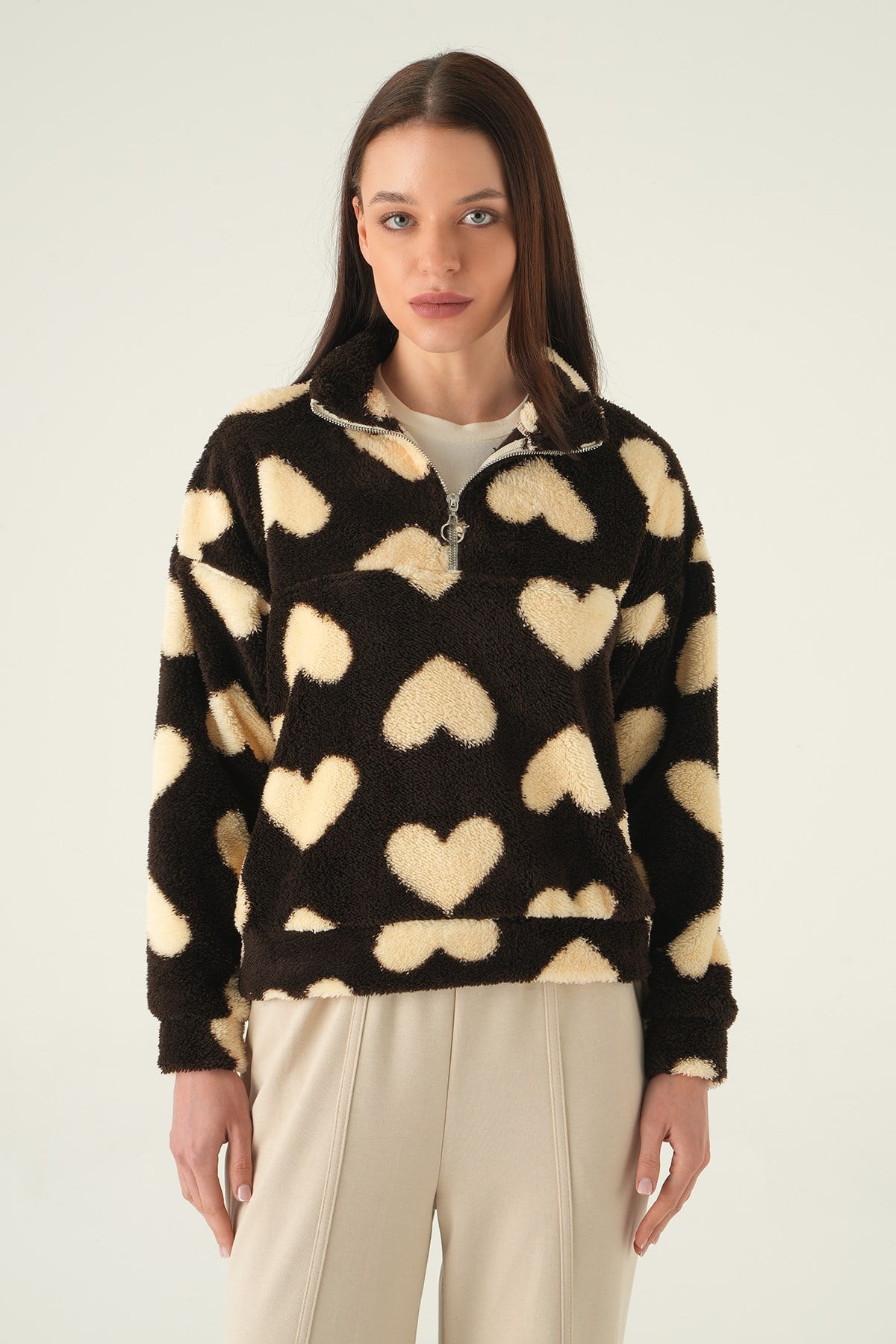 Kahve Kalpli Fermuarlı Sweat 3121A