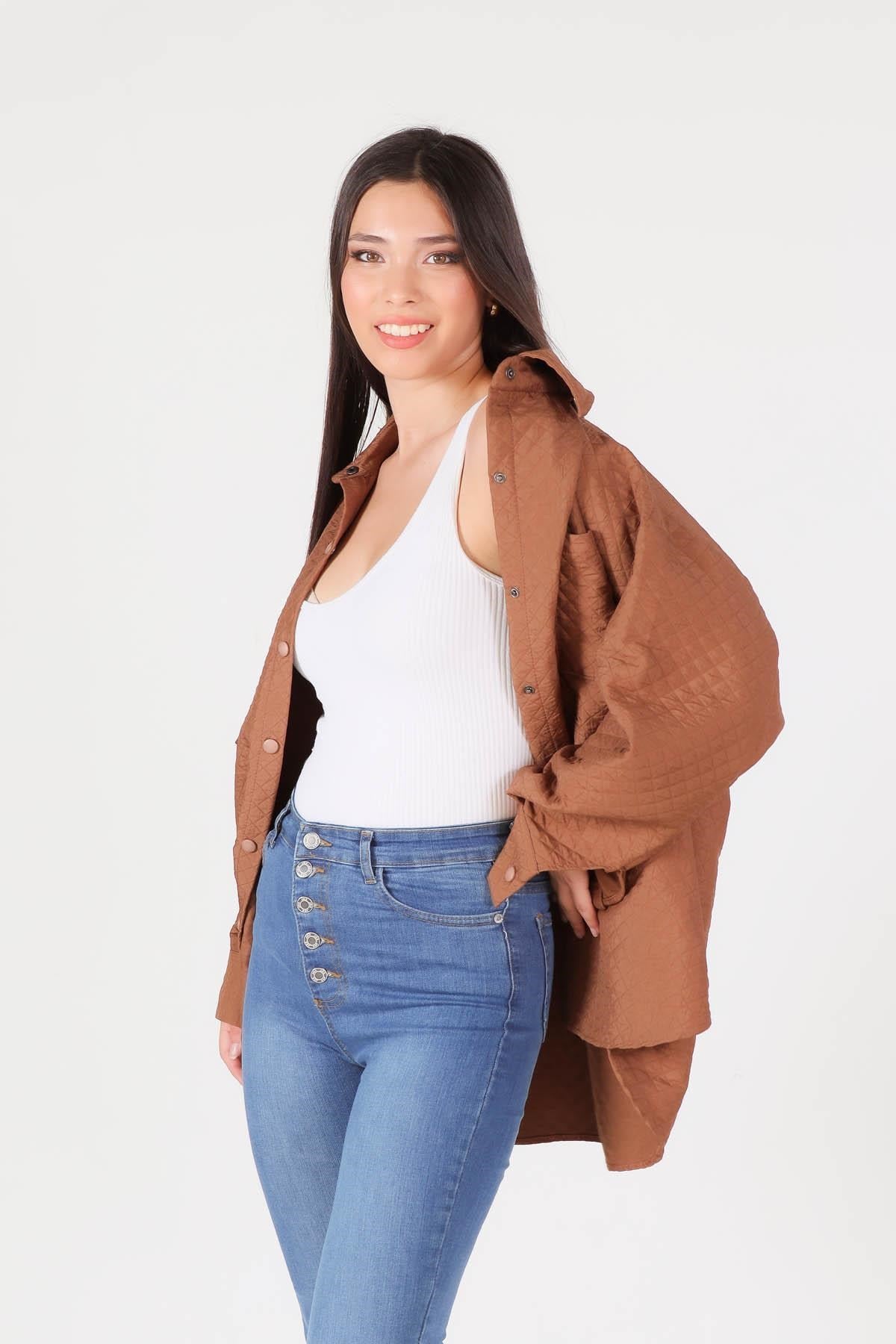 Kahve Kapitone Oversize Ceket 1017