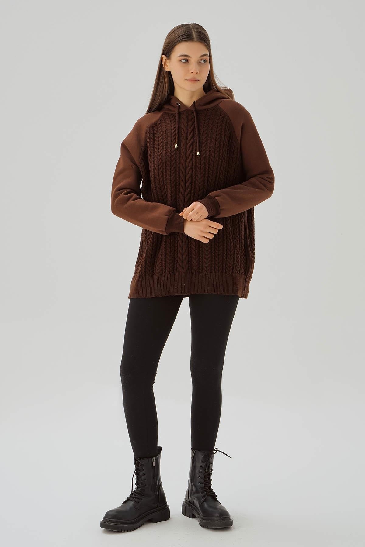 Kahve Kapüşonlu Triko Detay Sweat 3500