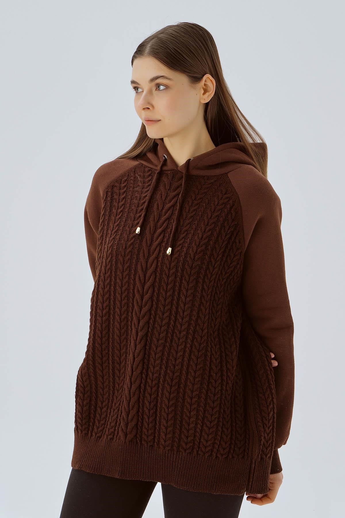 Kahve Kapüşonlu Triko Detay Sweat 3500