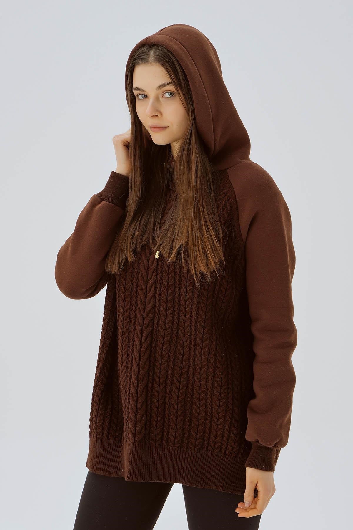 Kahve Kapüşonlu Triko Detay Sweat 3500