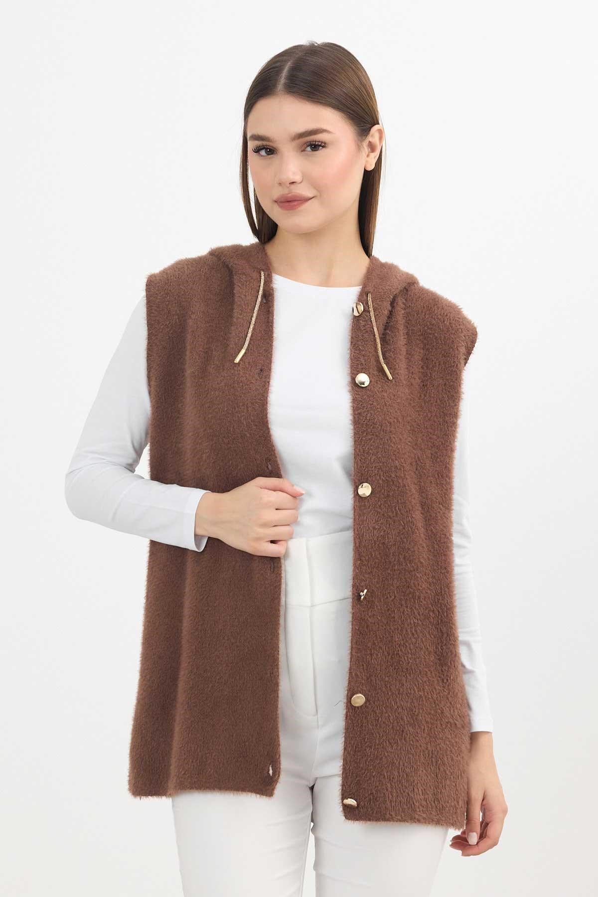 Kahve Kapüşonlu Yumoş Yelek 6681