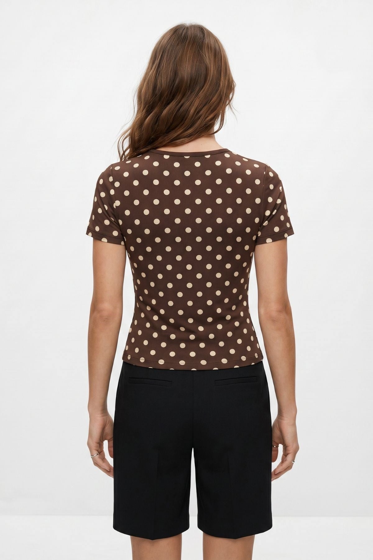 Kahve Kare Yaka Dantel Detaylı Puantiyeli Crop Bluz 089