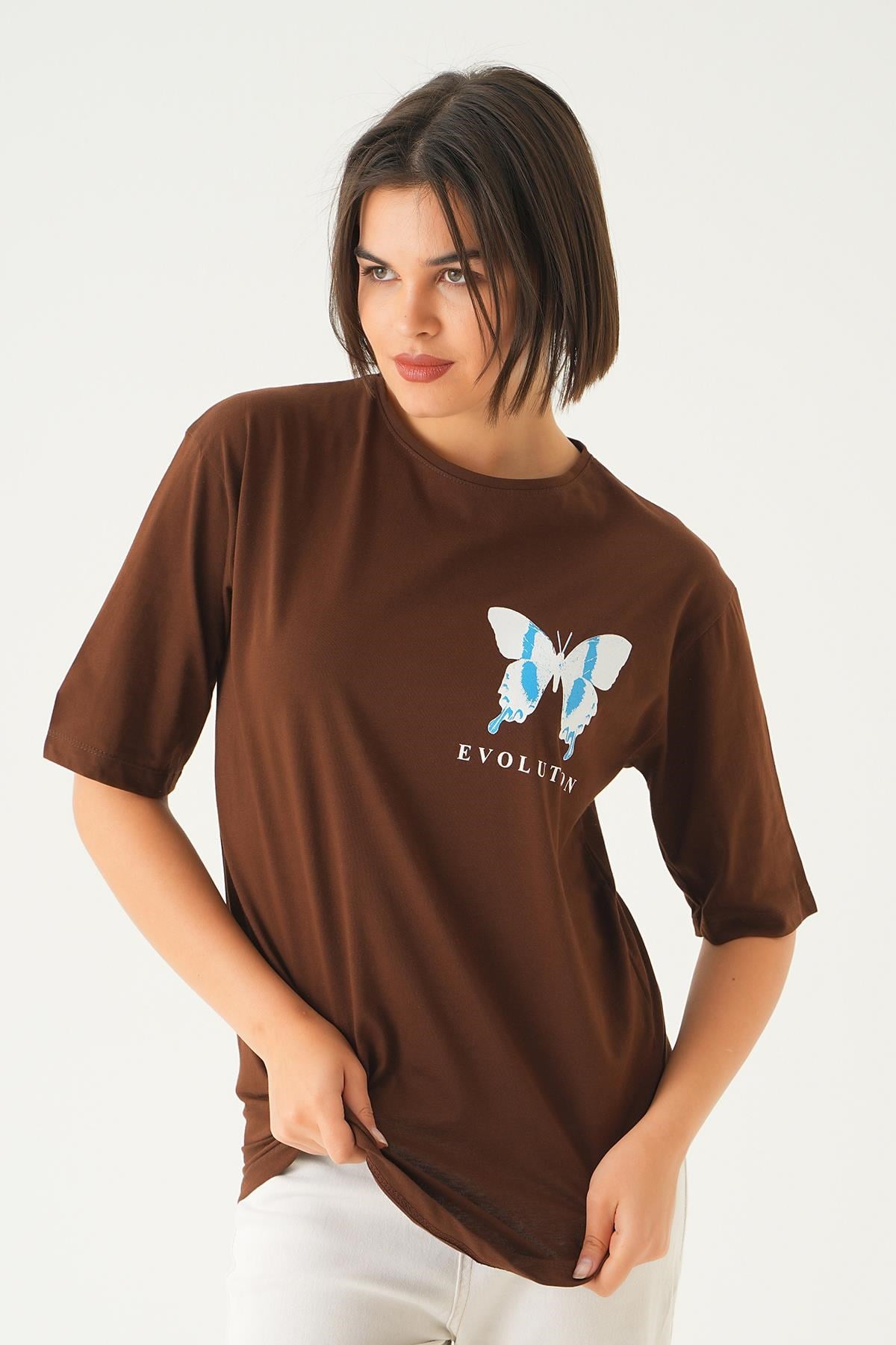 Kahve Kelebek Baskılı Oversize Tişört 1708