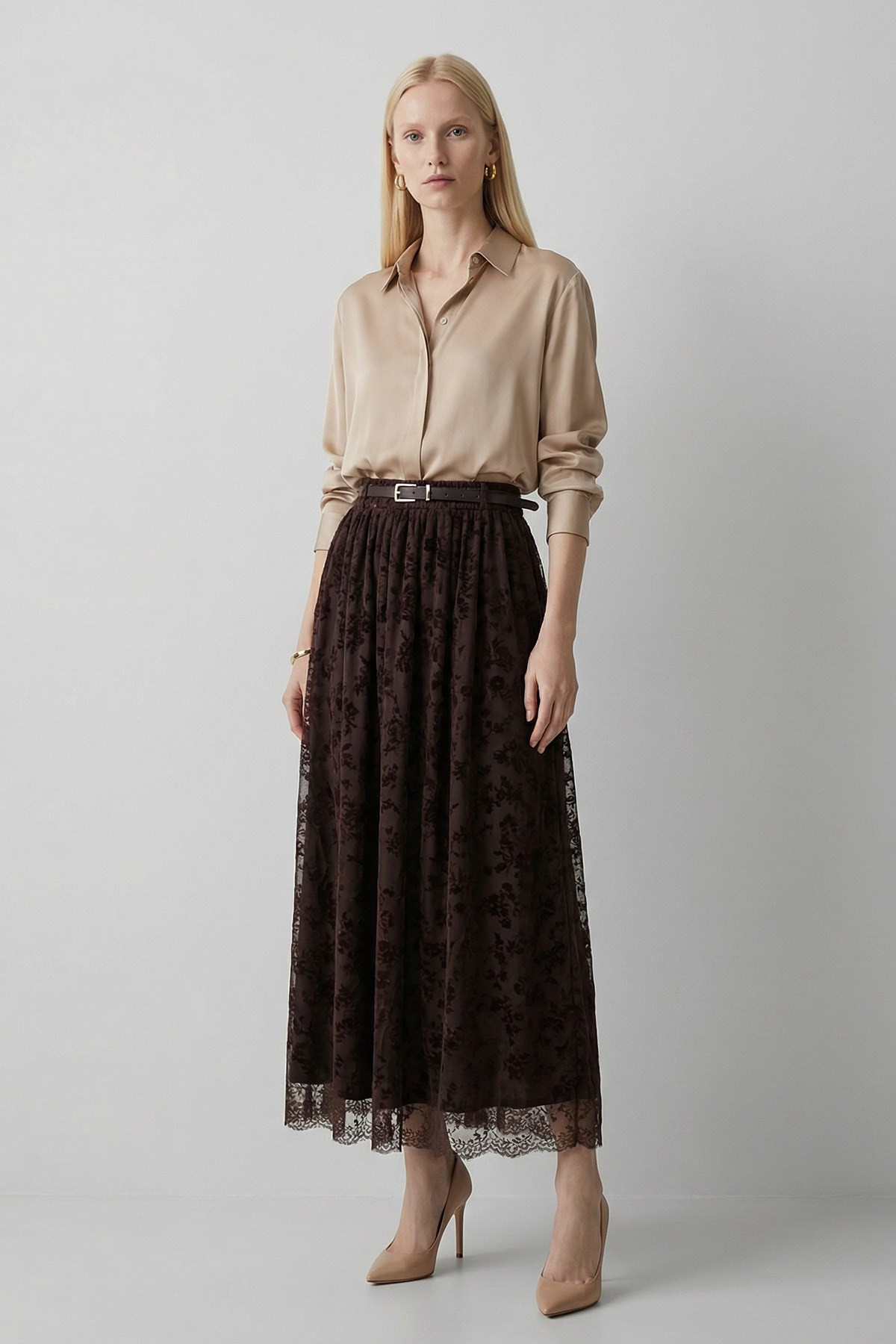 Kahve Kemerli Flok Desen Etek 8471A