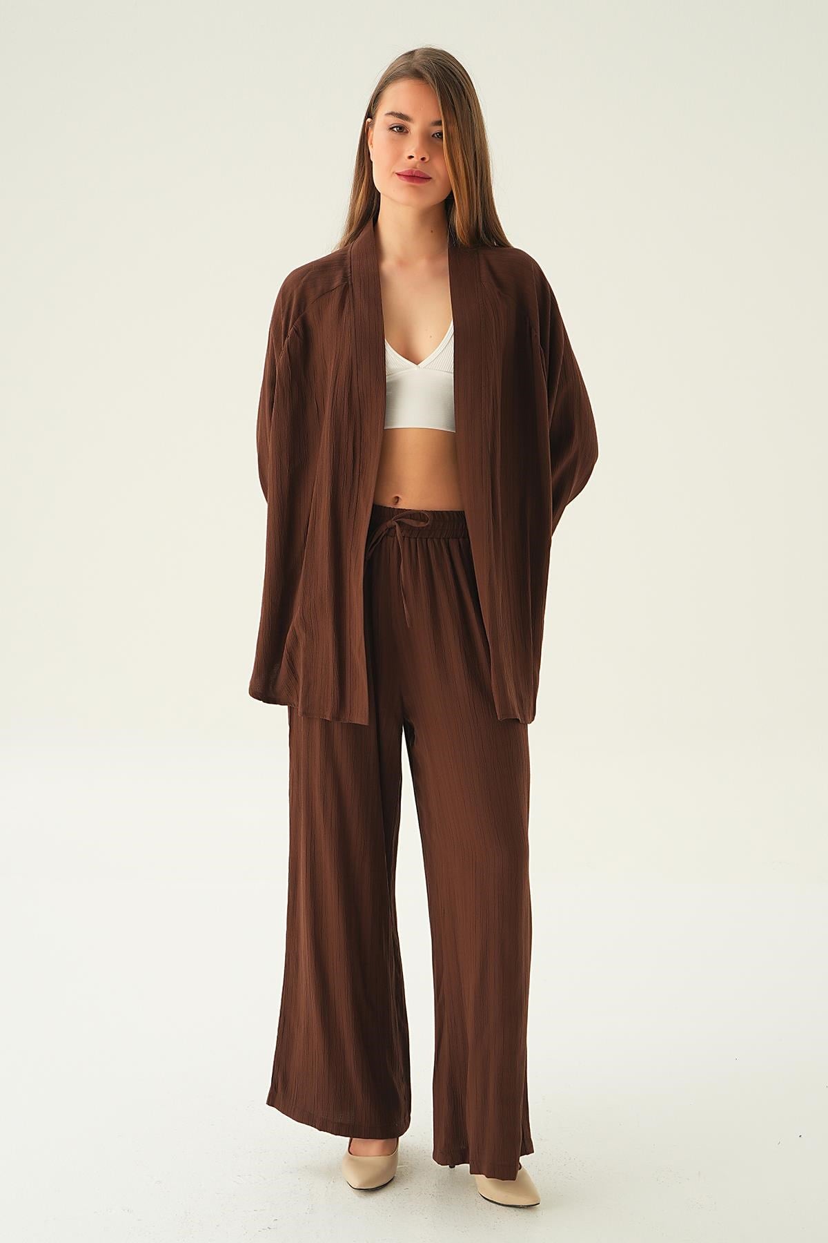 Kahve Kimono Pantolon Takım 6657A