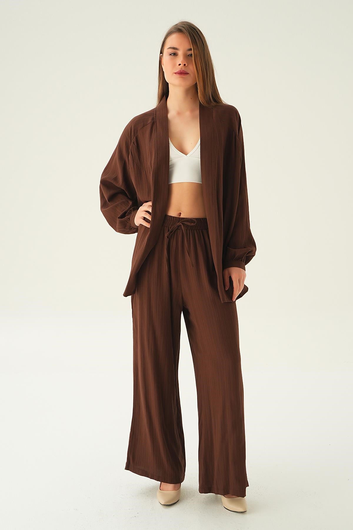 Kahve Kimono Pantolon Takım 6657A