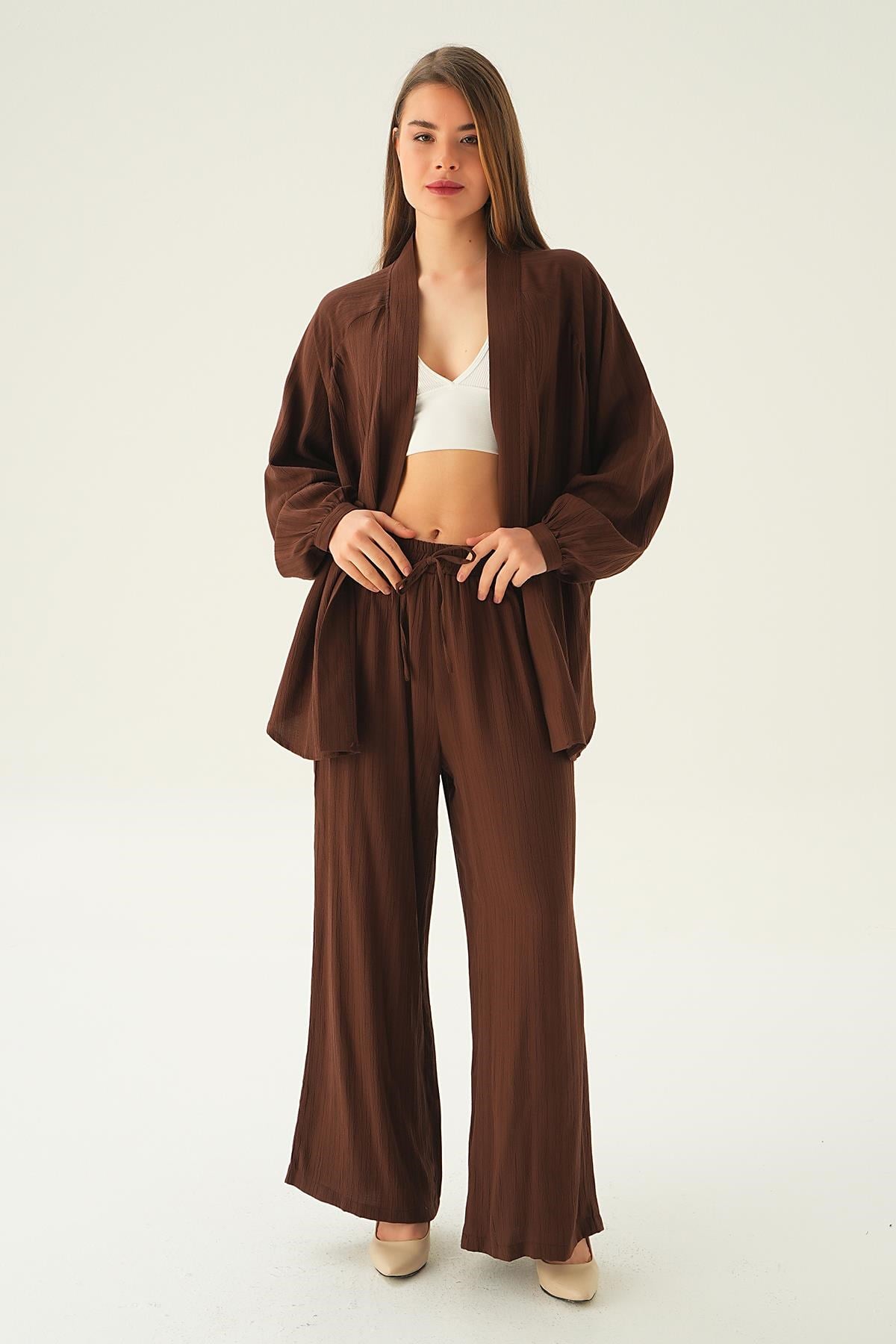 Kahve Kimono Pantolon Takım 6657A