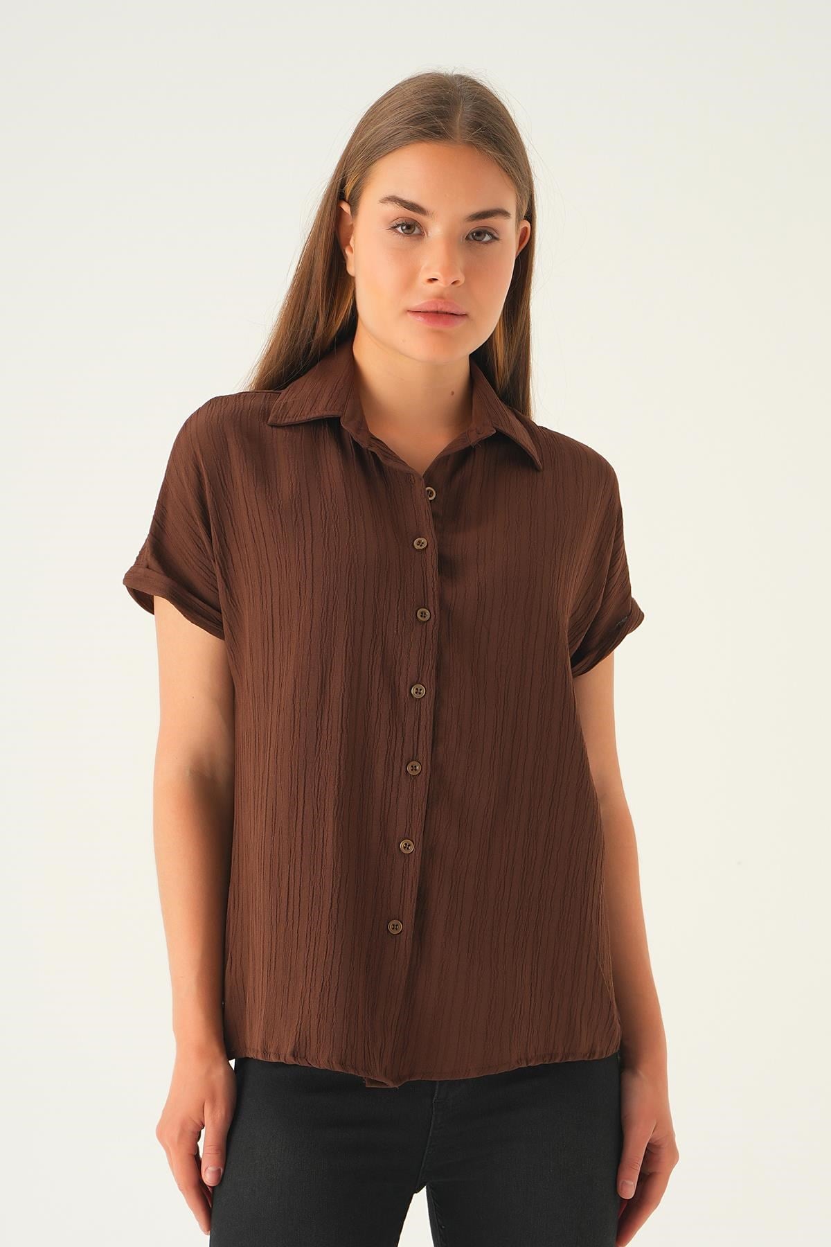Kahve Kısa Kol Oversize Gömlek 4163A