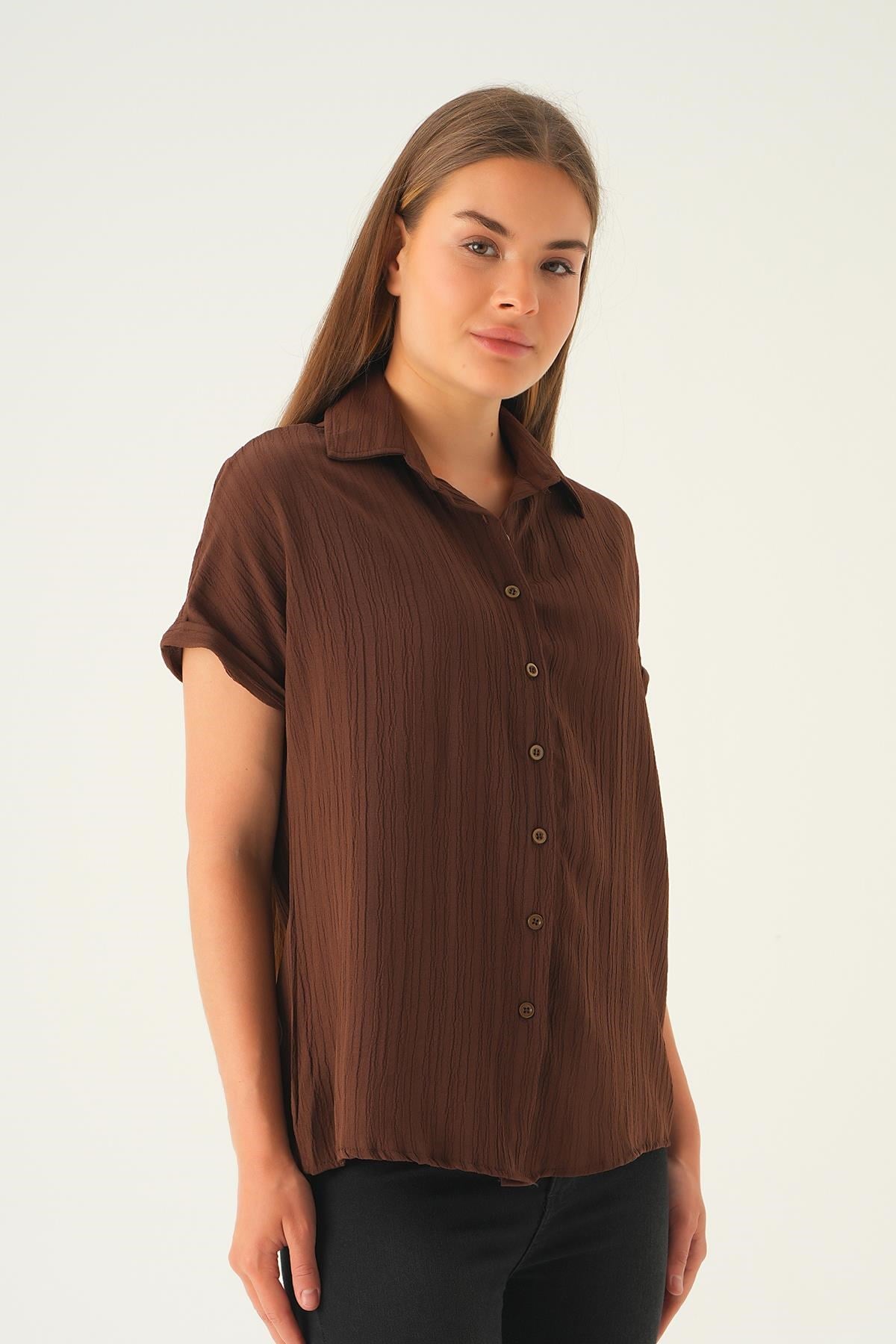 Kahve Kısa Kol Oversize Gömlek 4163A