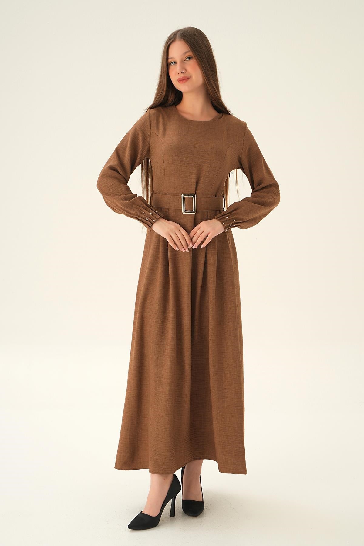 Kahve Kol Drape Detay Kemerli Elbise 2659