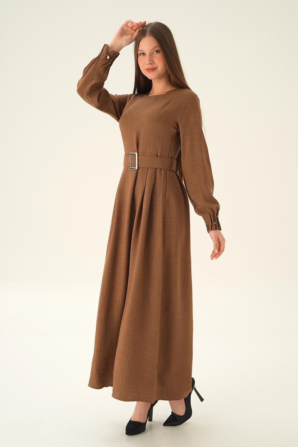 Kahve Kol Drape Detay Kemerli Elbise 2659