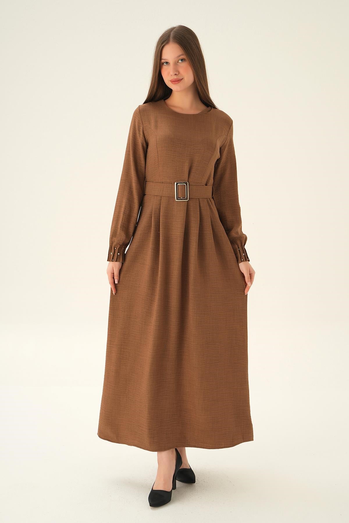 Kahve Kol Drape Detay Kemerli Elbise 2659
