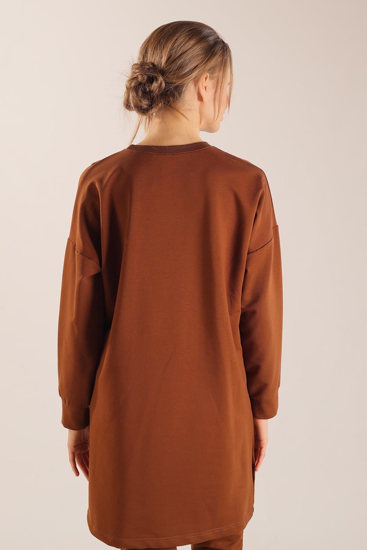 Kahve Kolyeli Çıtçıt Detay Sweat Takım 3479