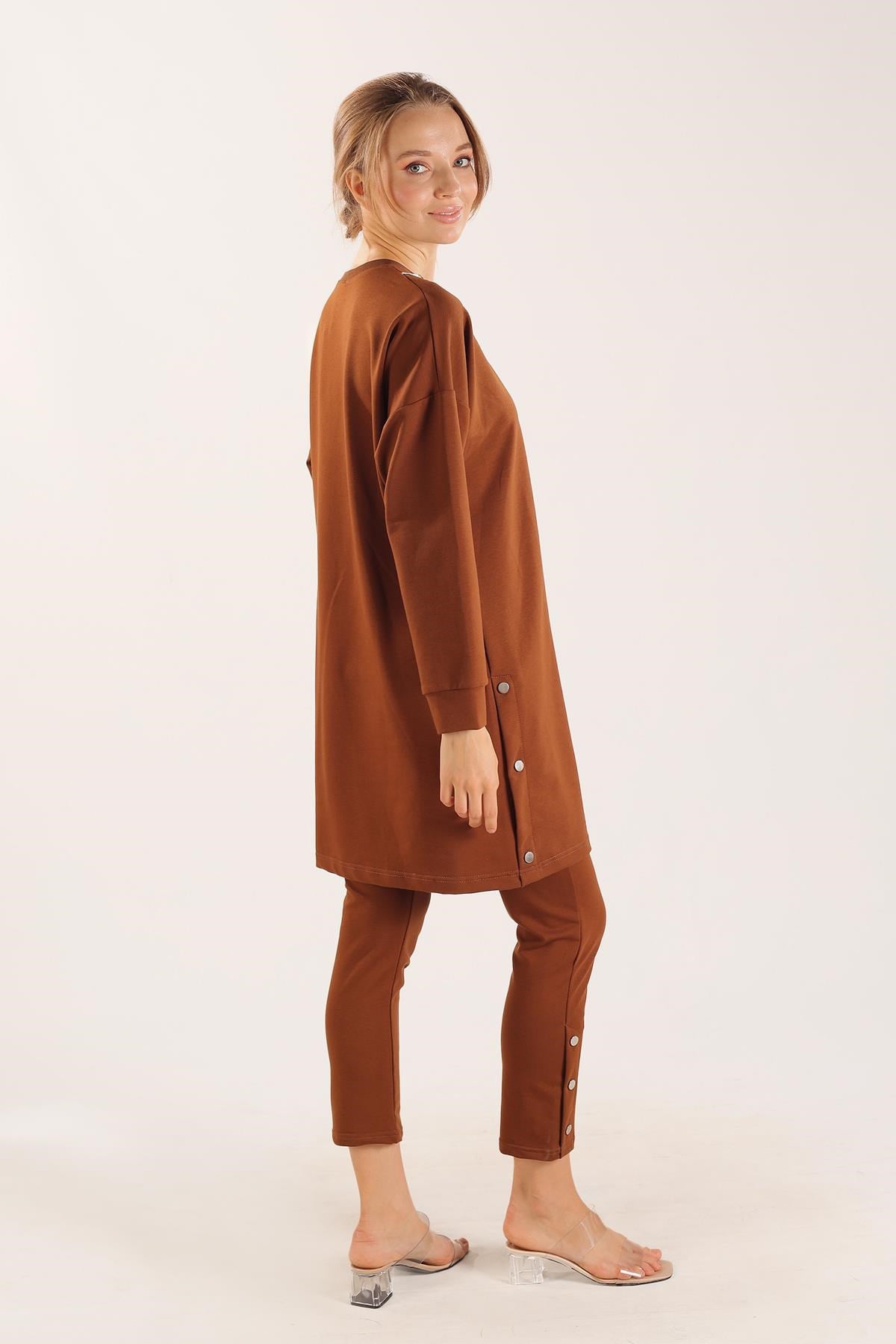 Kahve Kolyeli Çıtçıt Detay Sweat Takım 3479