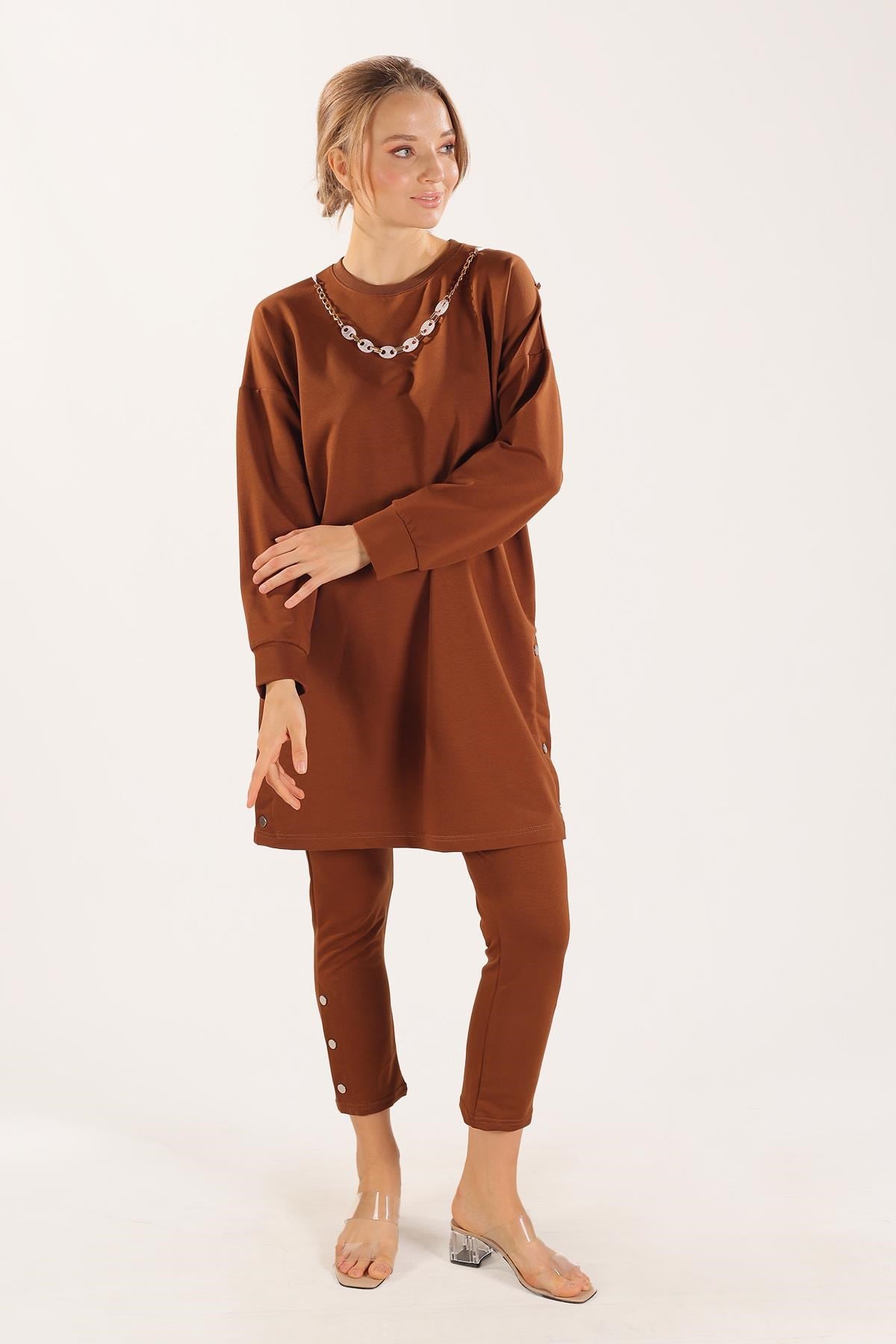 Kahve Kolyeli Çıtçıt Detay Sweat Takım 3479