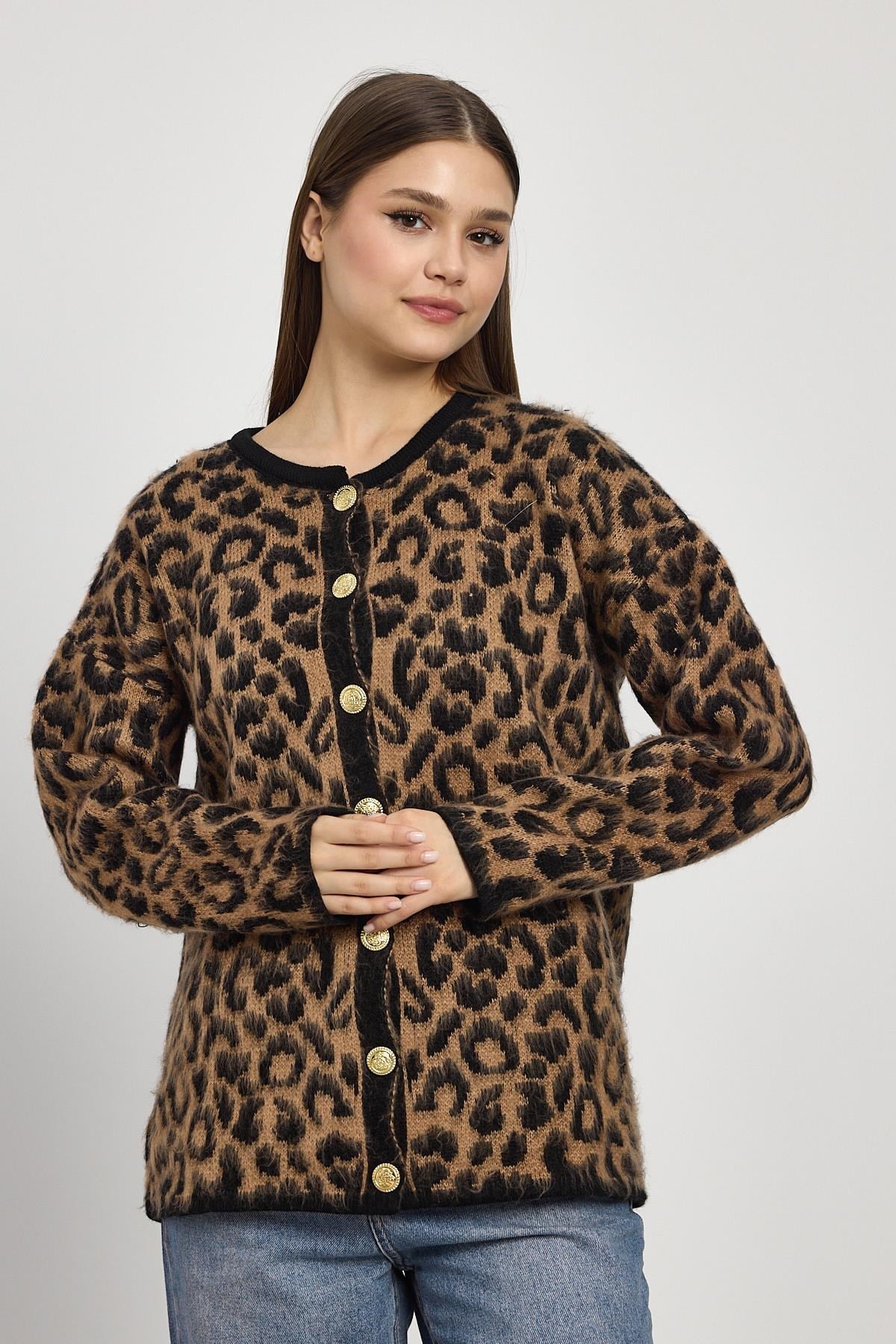 Kahve Leopar Desen Hırka 6727