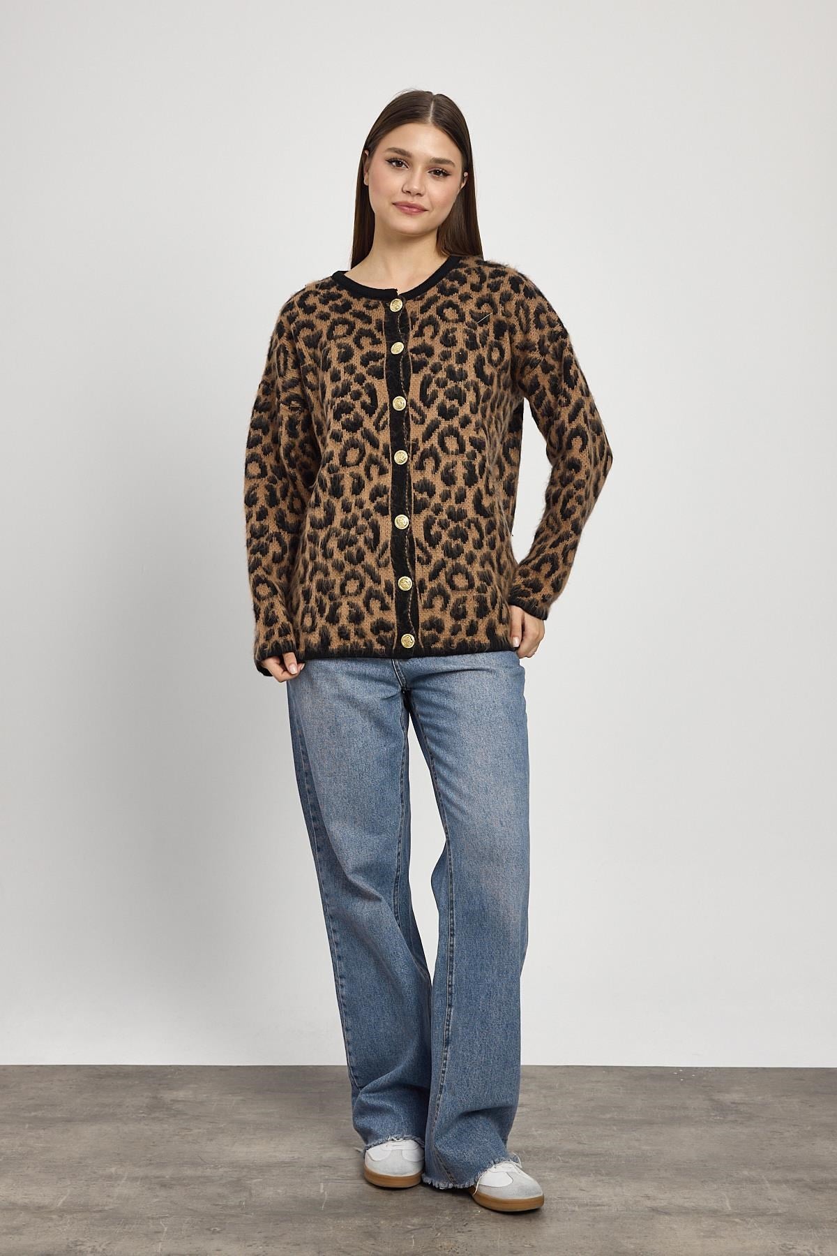 Kahve Leopar Desen Hırka 6727