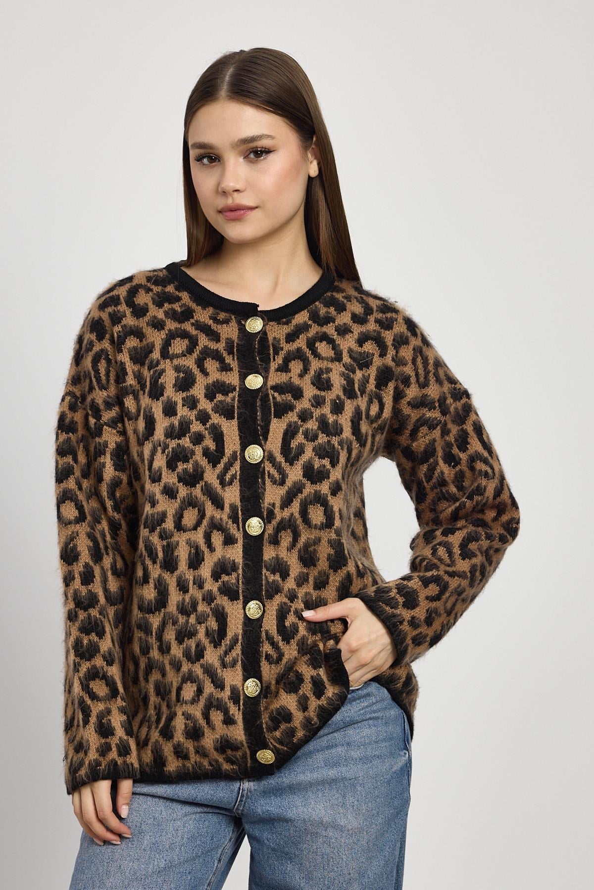 Kahve Leopar Desen Hırka 6727