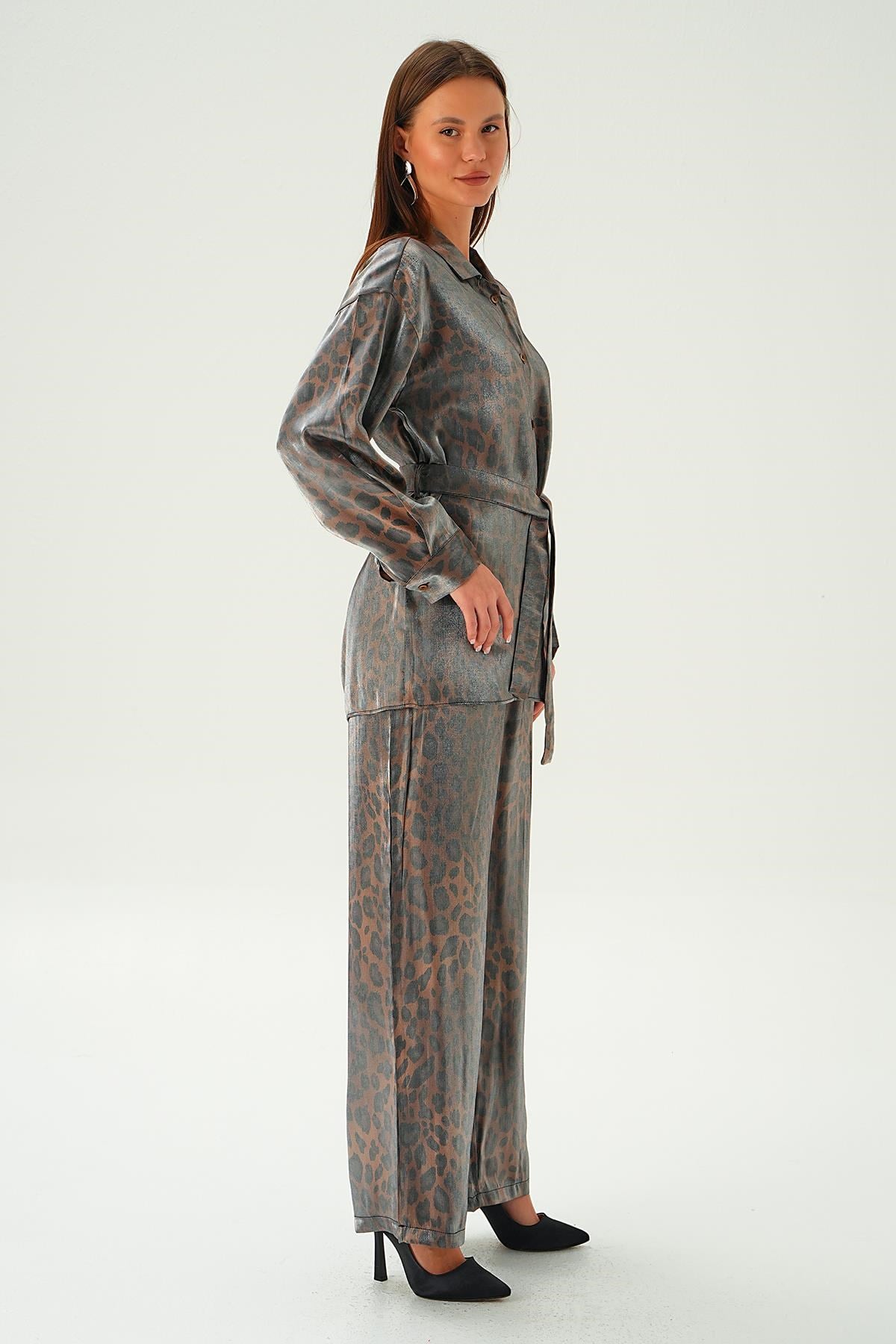 Kahve Leopar Desen Pantolon Takım 3001