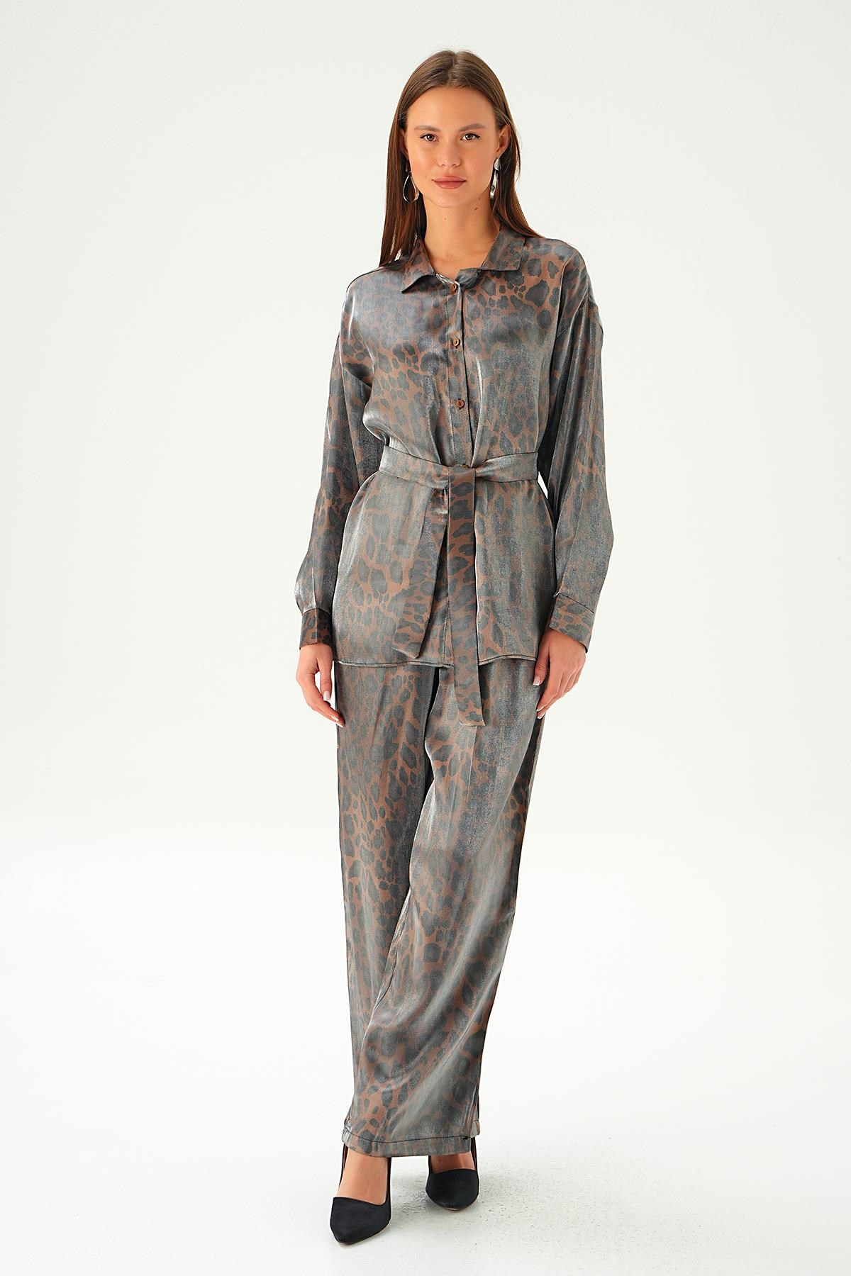 Kahve Leopar Desen Pantolon Takım 3001