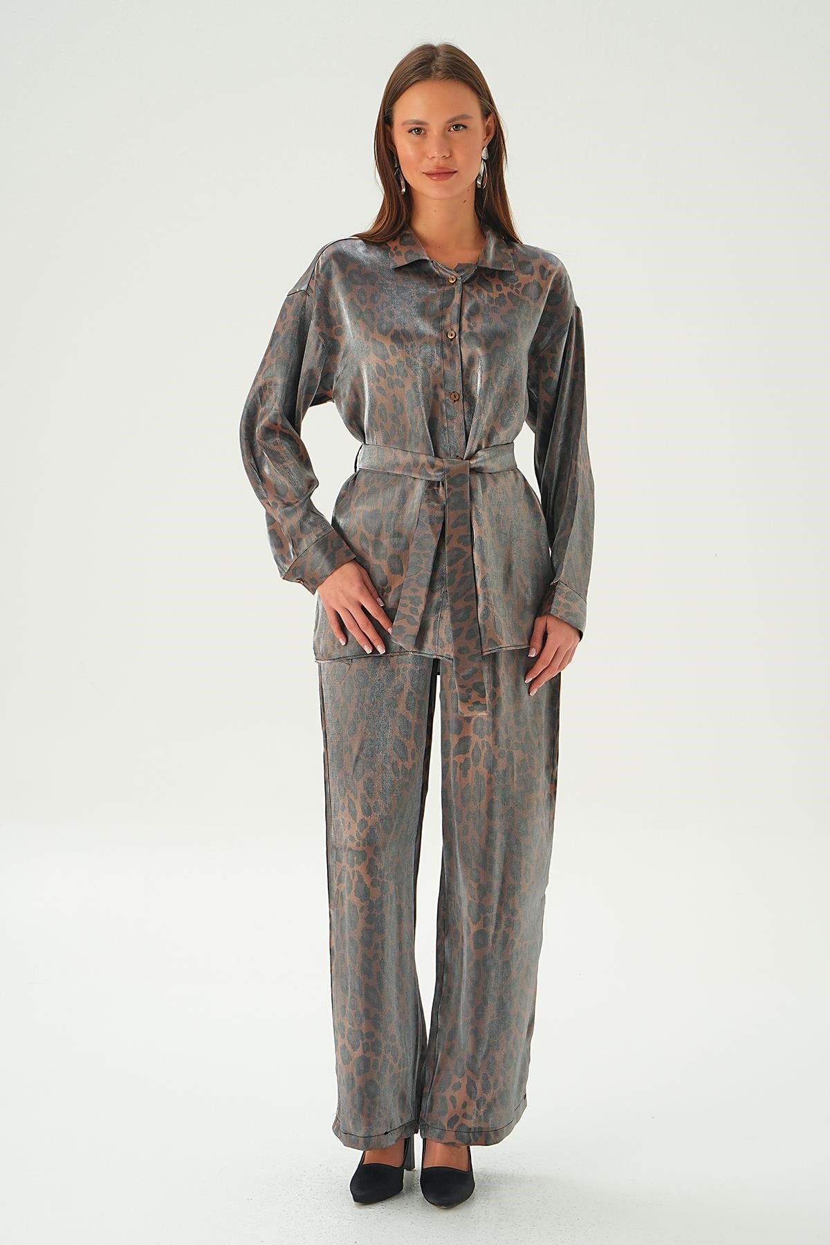 Kahve Leopar Desen Pantolon Takım 3001
