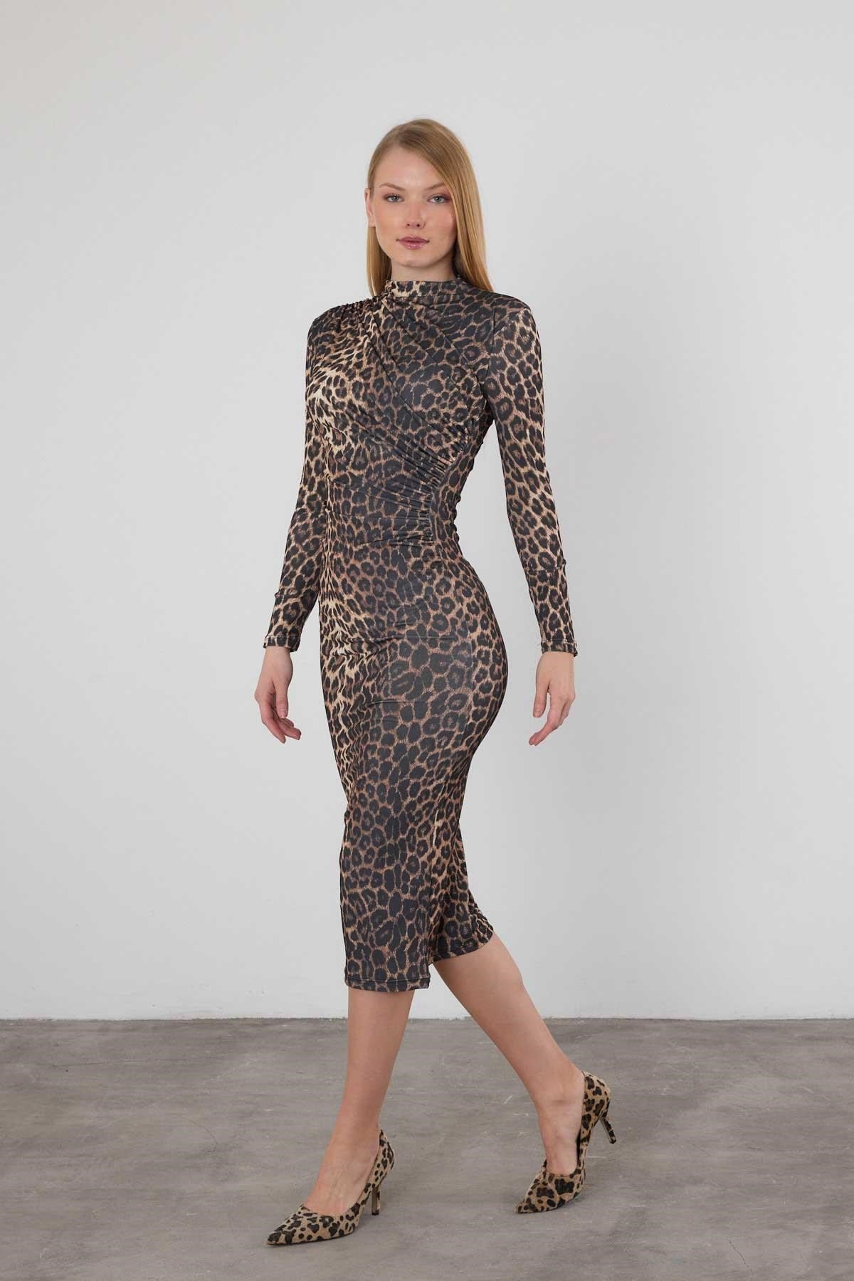 Kahve Leopar Elbise 377-1