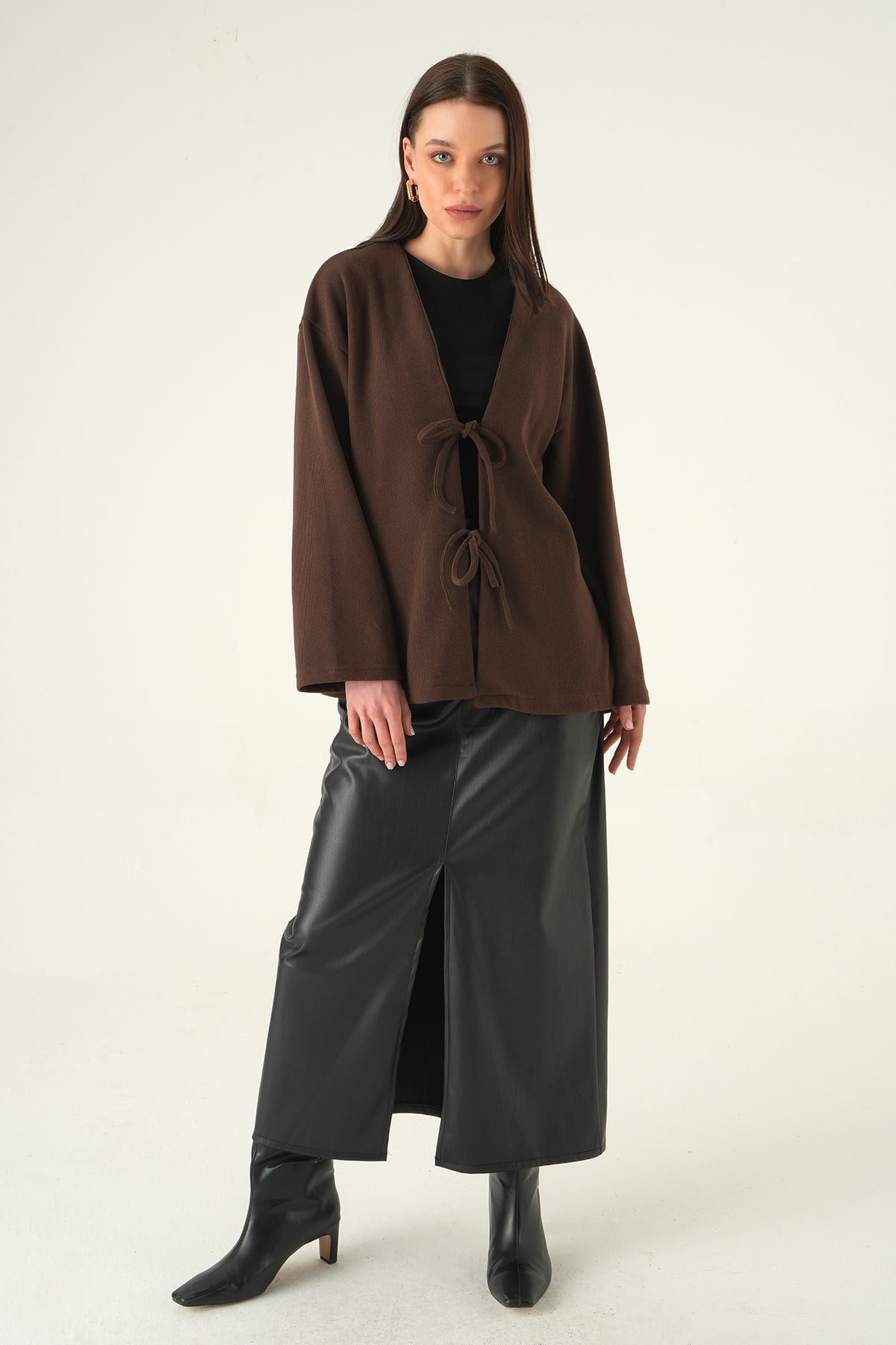 Kahve Ön Bağlamalı Uzun Kimono 3072A