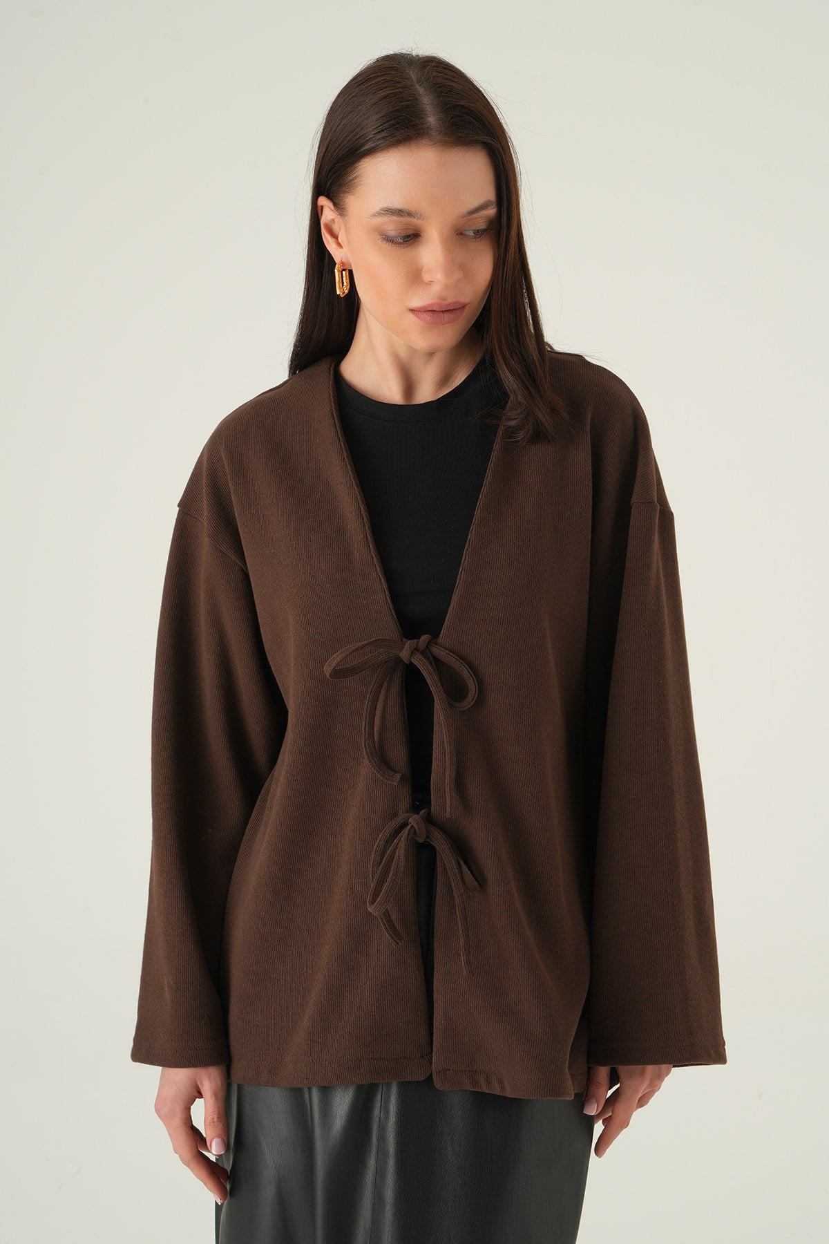 Kahve Ön Bağlamalı Uzun Kimono 3072A