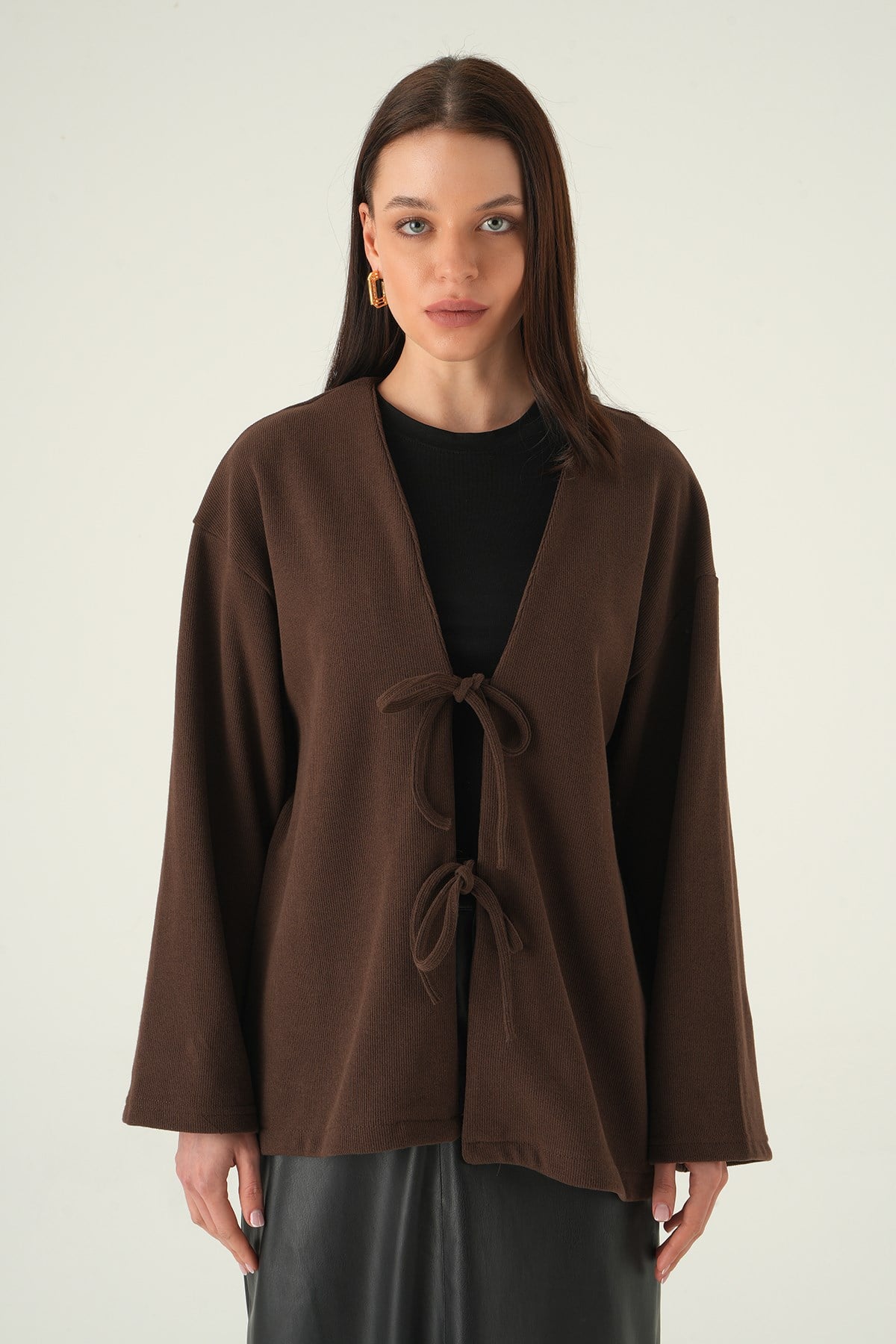 Kahve Ön Bağlamalı Uzun Kimono 3072A