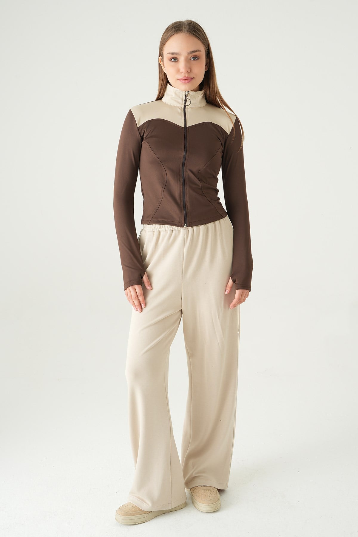 Kahve Ön Şeritli Fermuarlı Sweat 8325A