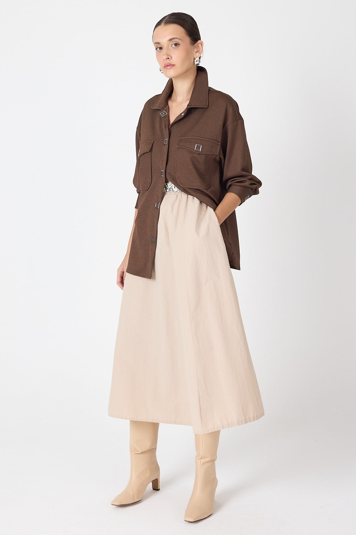 Kahve Oversize Cepli Kadın Gömlek Ceket 8130A