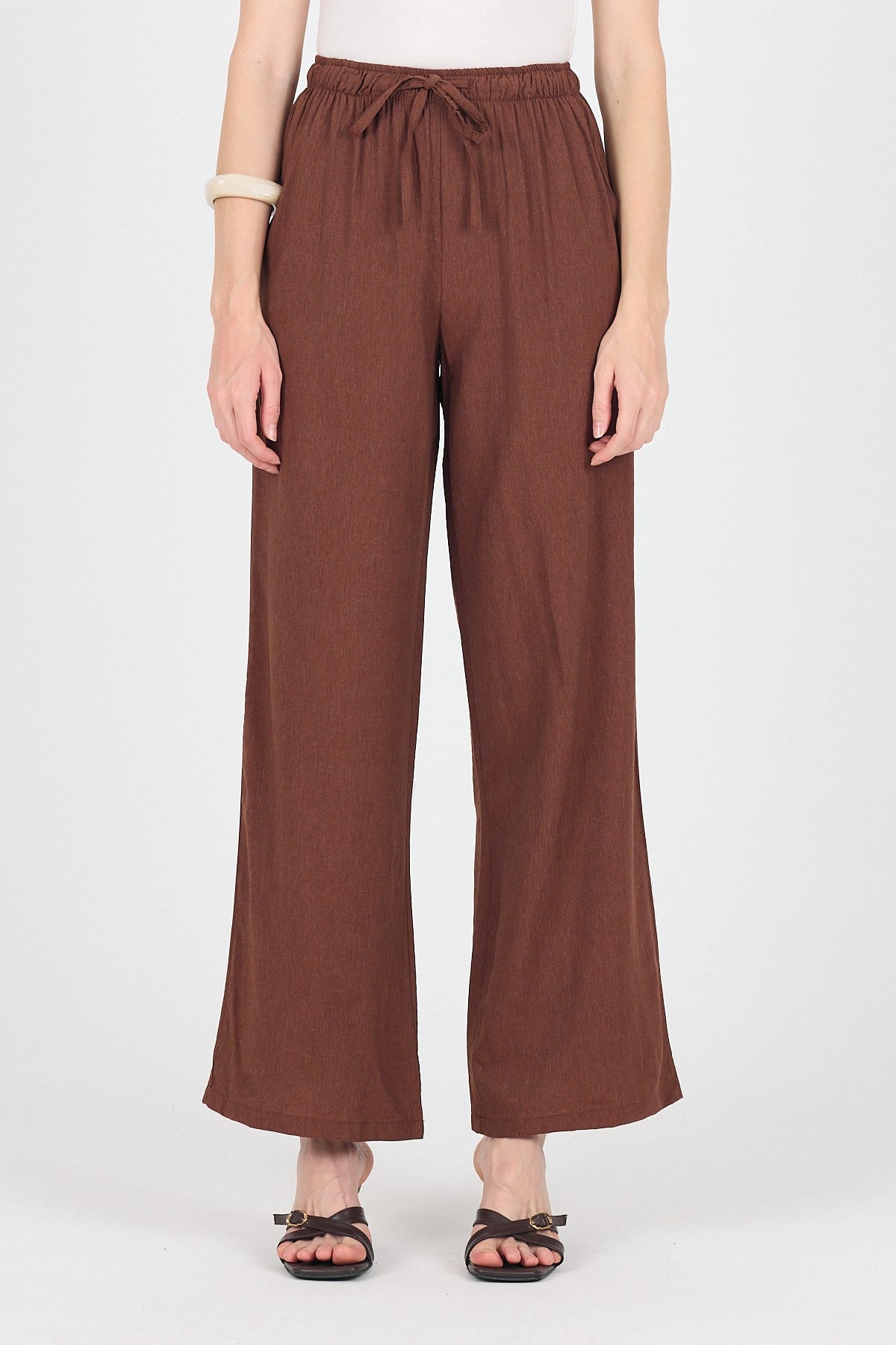 Kahve Pamuklu Bel Lastikli Wide Leg/Bol Paça Pantolon 4754A