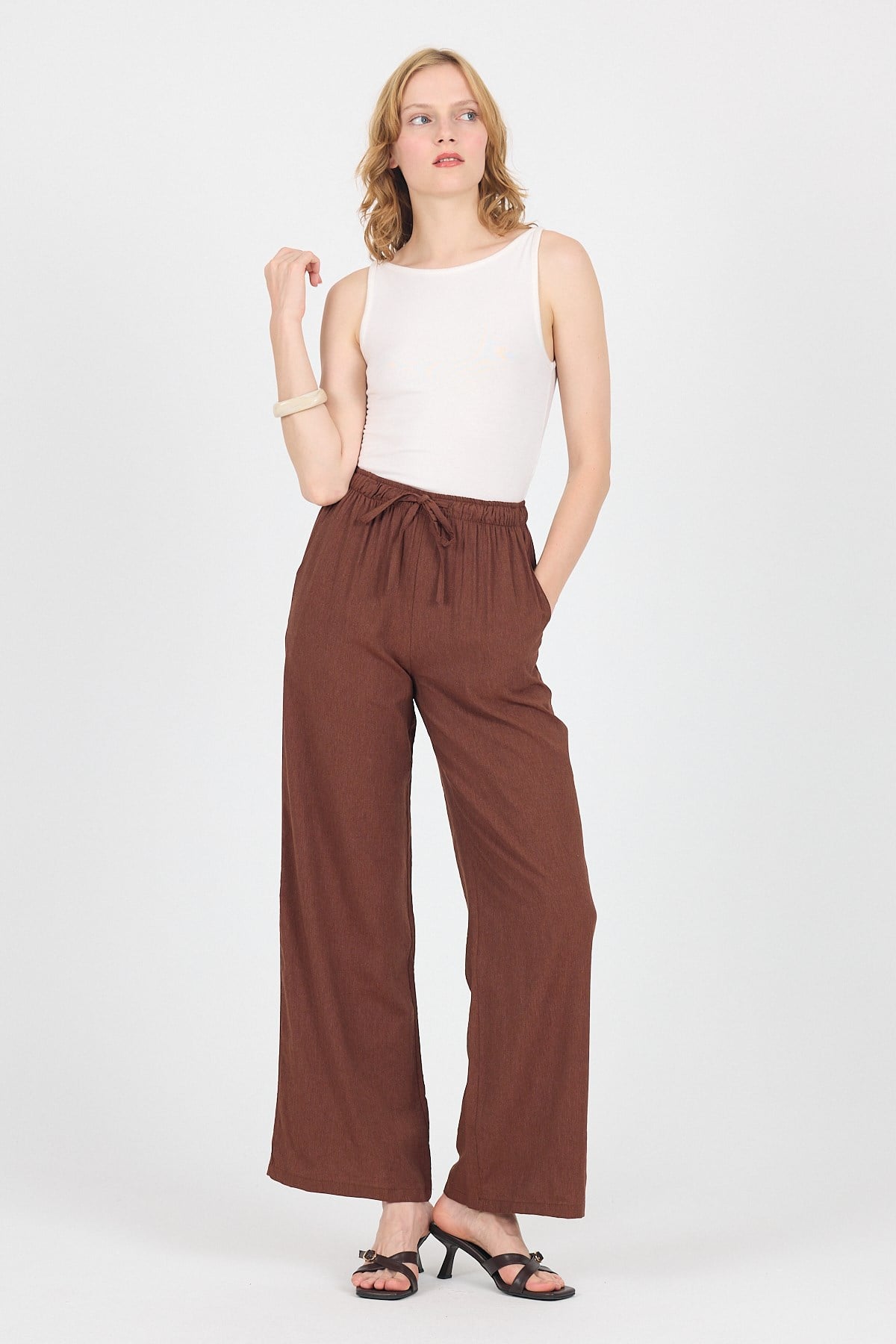 Kahve Pamuklu Bel Lastikli Wide Leg/Bol Paça Pantolon 4754A