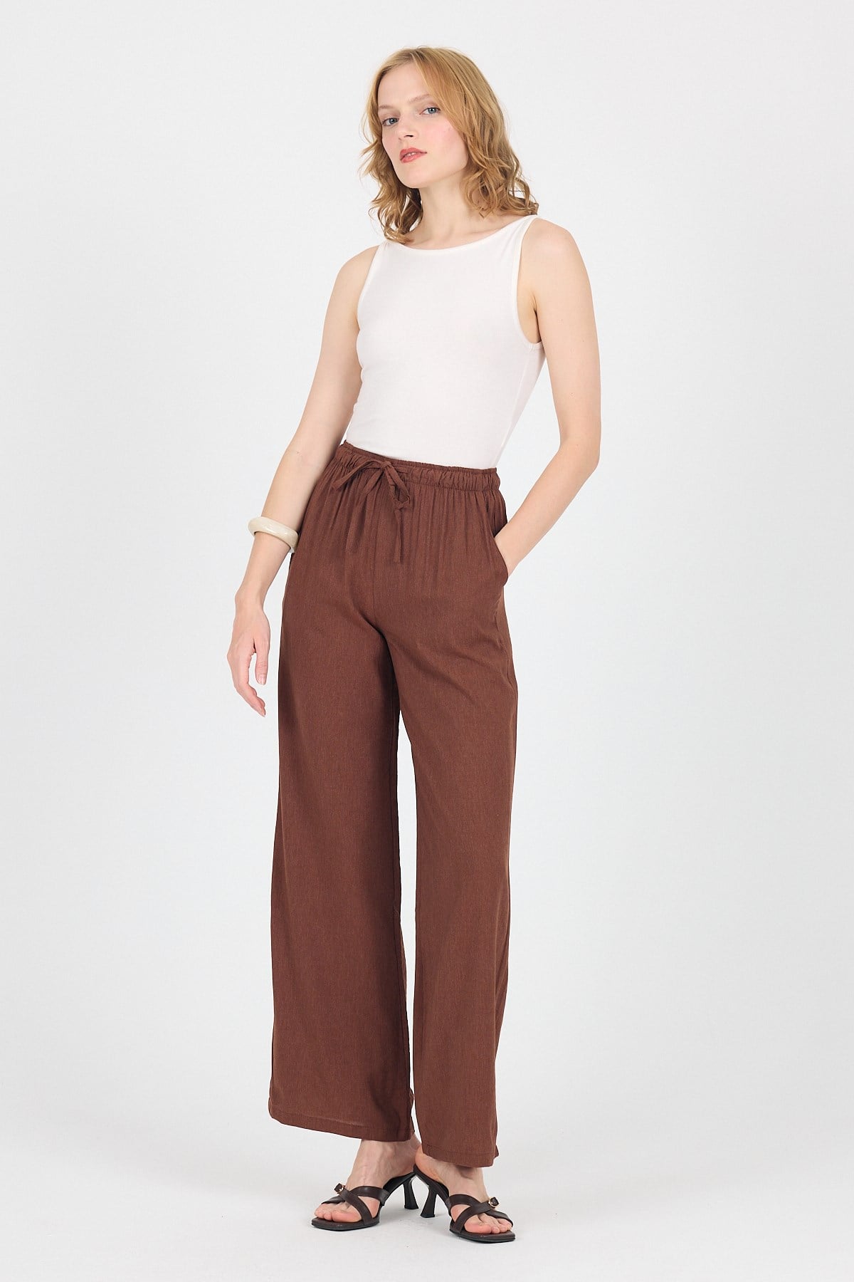 Kahve Pamuklu Bel Lastikli Wide Leg/Bol Paça Pantolon 4754A