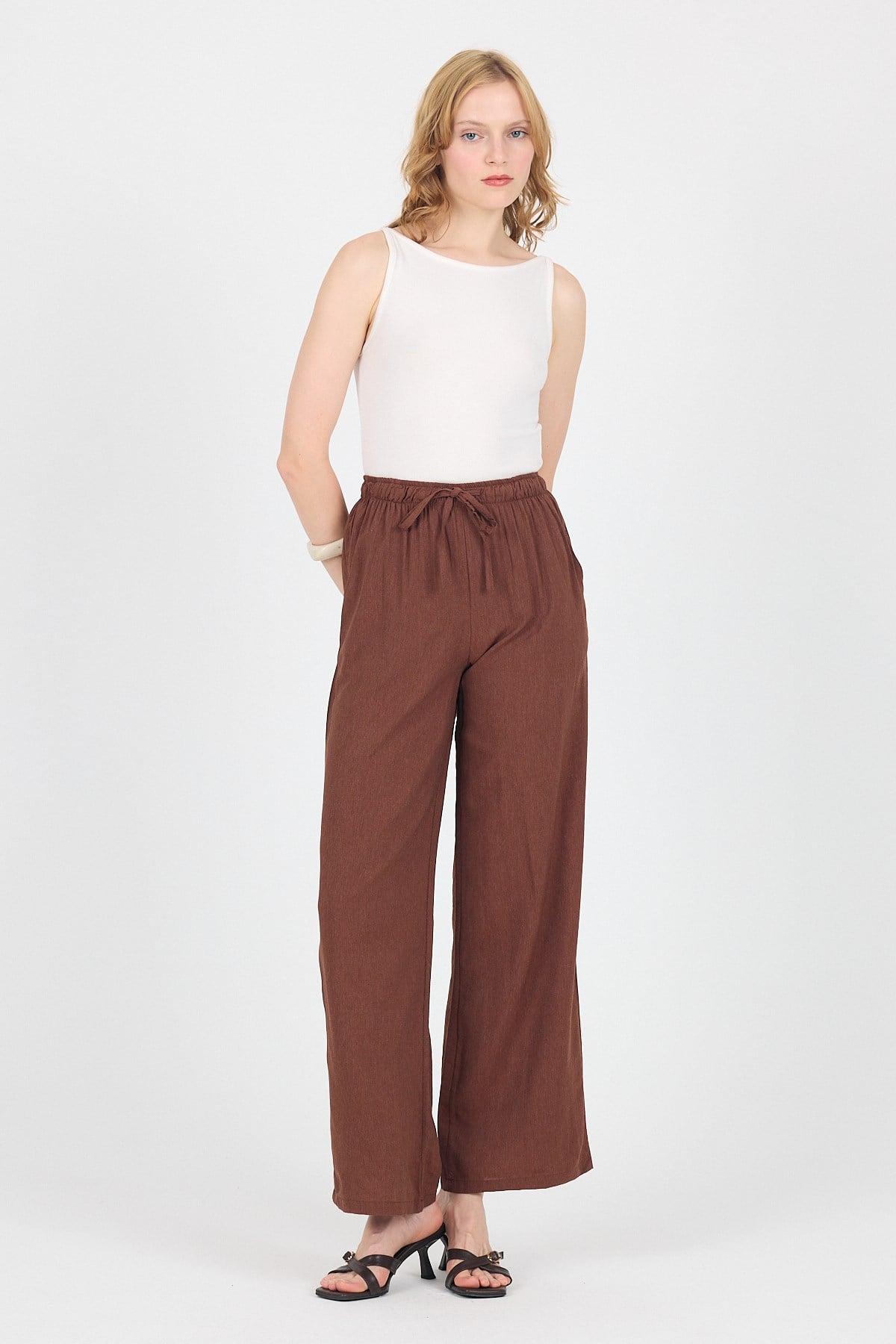 Kahve Pamuklu Bel Lastikli Wide Leg/Bol Paça Pantolon 4754A