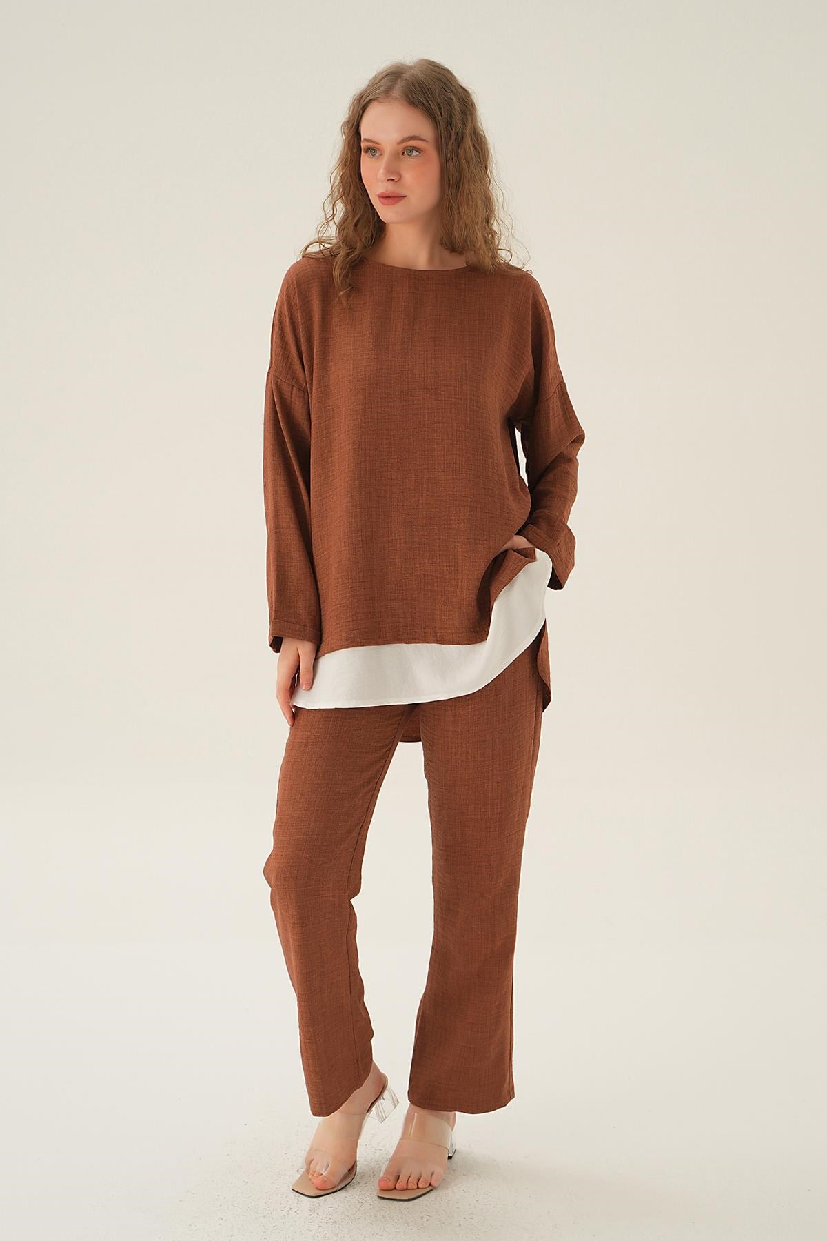 Kahve Parçalı Tunik Pantolon Takım 4090A
