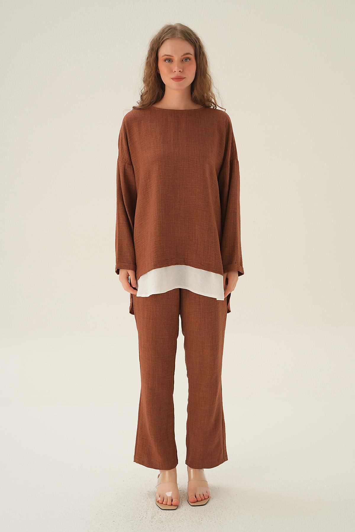 Kahve Parçalı Tunik Pantolon Takım 4090A