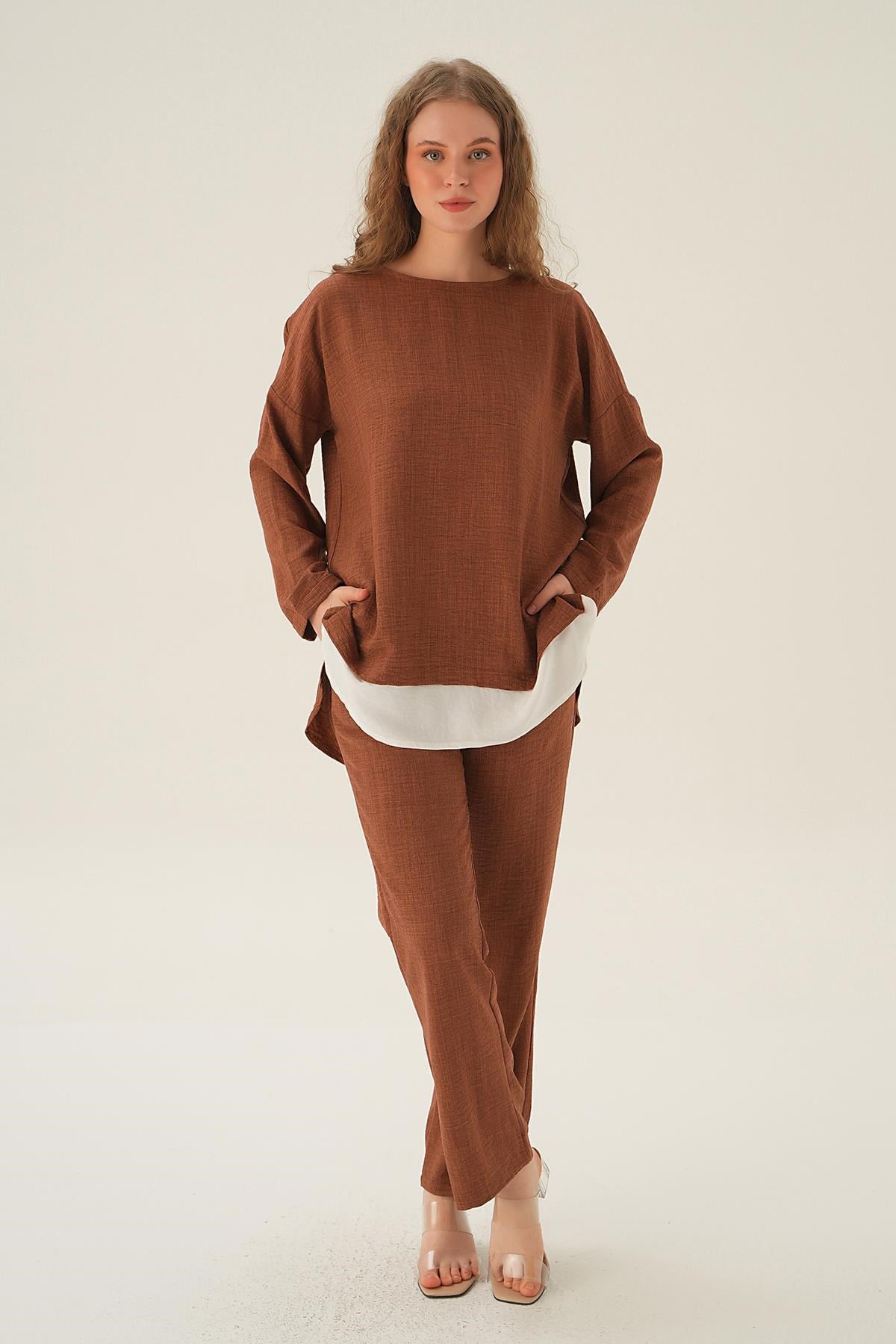 Kahve Parçalı Tunik Pantolon Takım 4090A