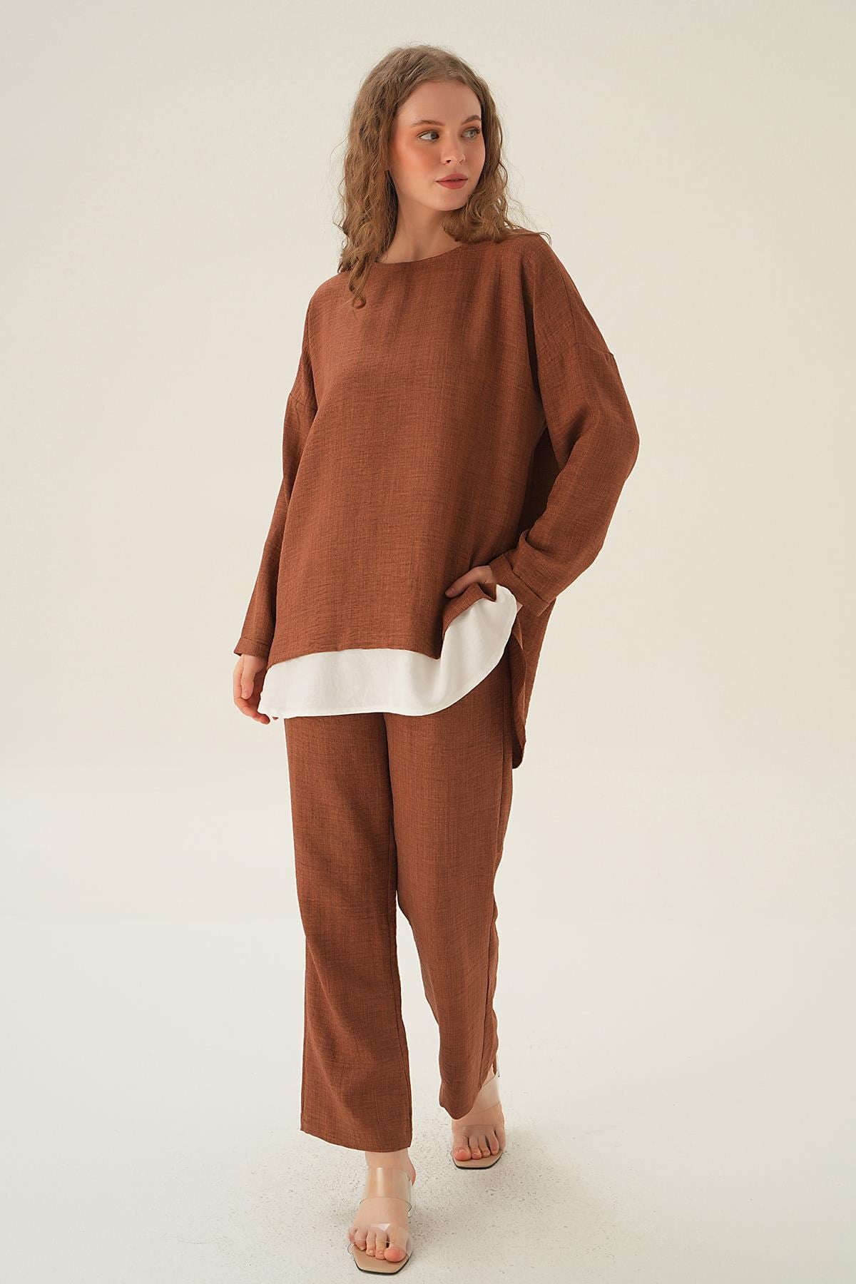Kahve Parçalı Tunik Pantolon Takım 4090A