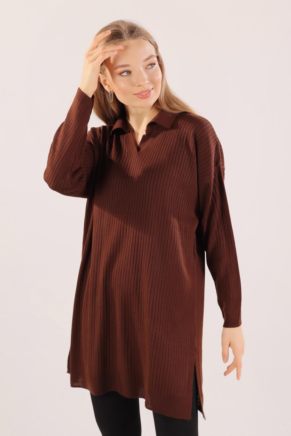 Kahve Polo Yaka Fitilli Kazak 23214