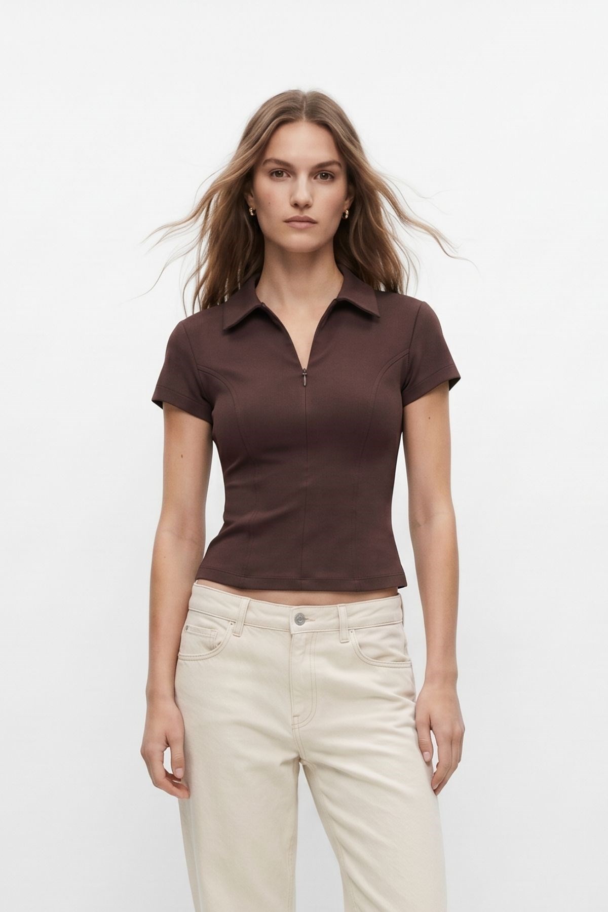 Kahve Polo Yaka Kısa Kol Crop Tişört 26651