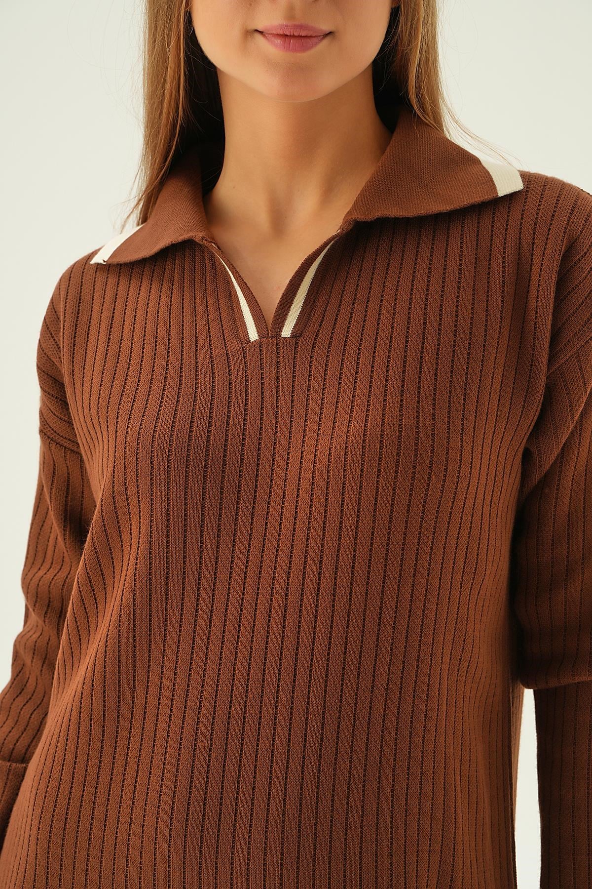 Kahve Polo Yaka Triko Elbise 4665