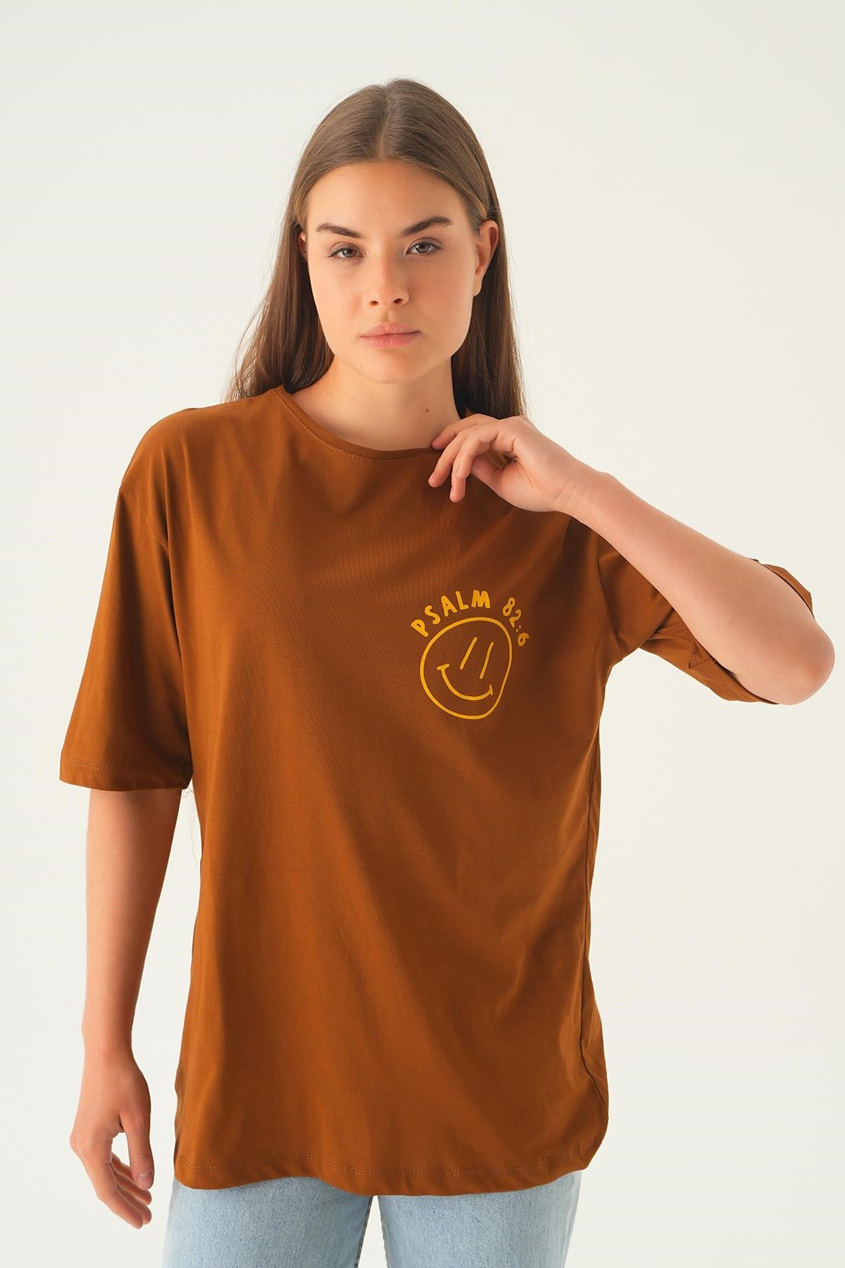 Kahve Psalm Baskı Oversize Tişört 1702