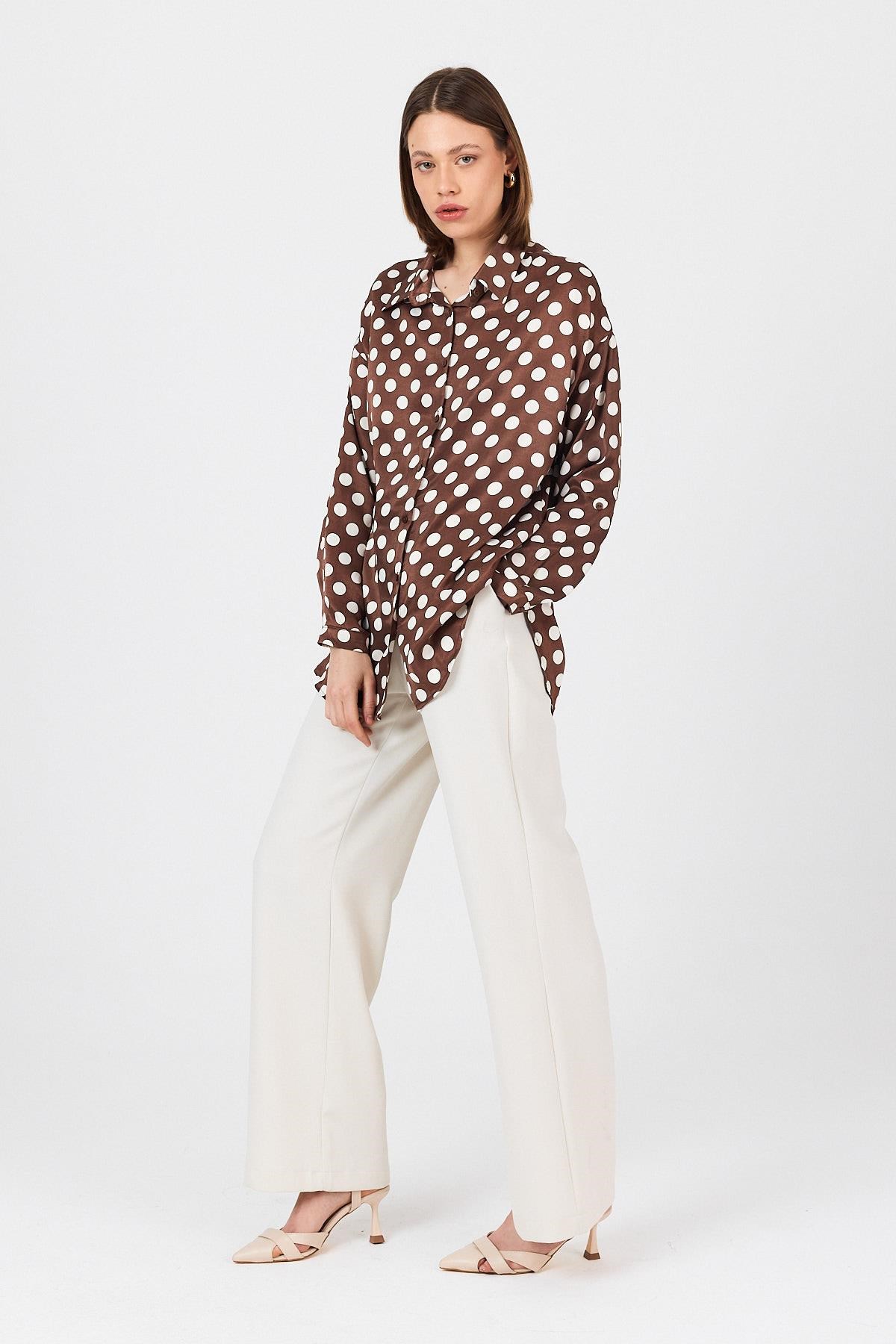 Kahve Puantiye Desen Oversize Saten Gömlek 9411