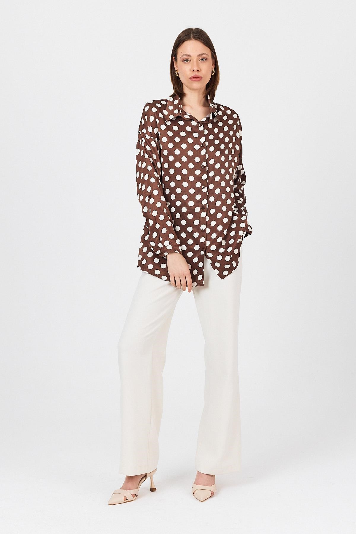 Kahve Puantiye Desen Oversize Saten Gömlek 9411