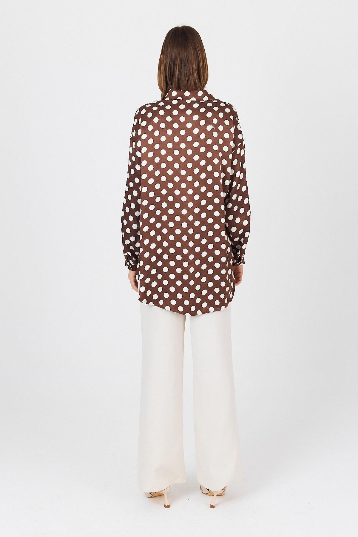 Kahve Puantiye Desen Oversize Saten Gömlek 9411