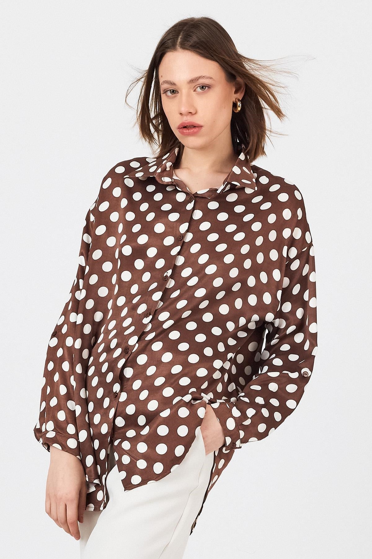 Kahve Puantiye Desen Oversize Saten Gömlek 9411