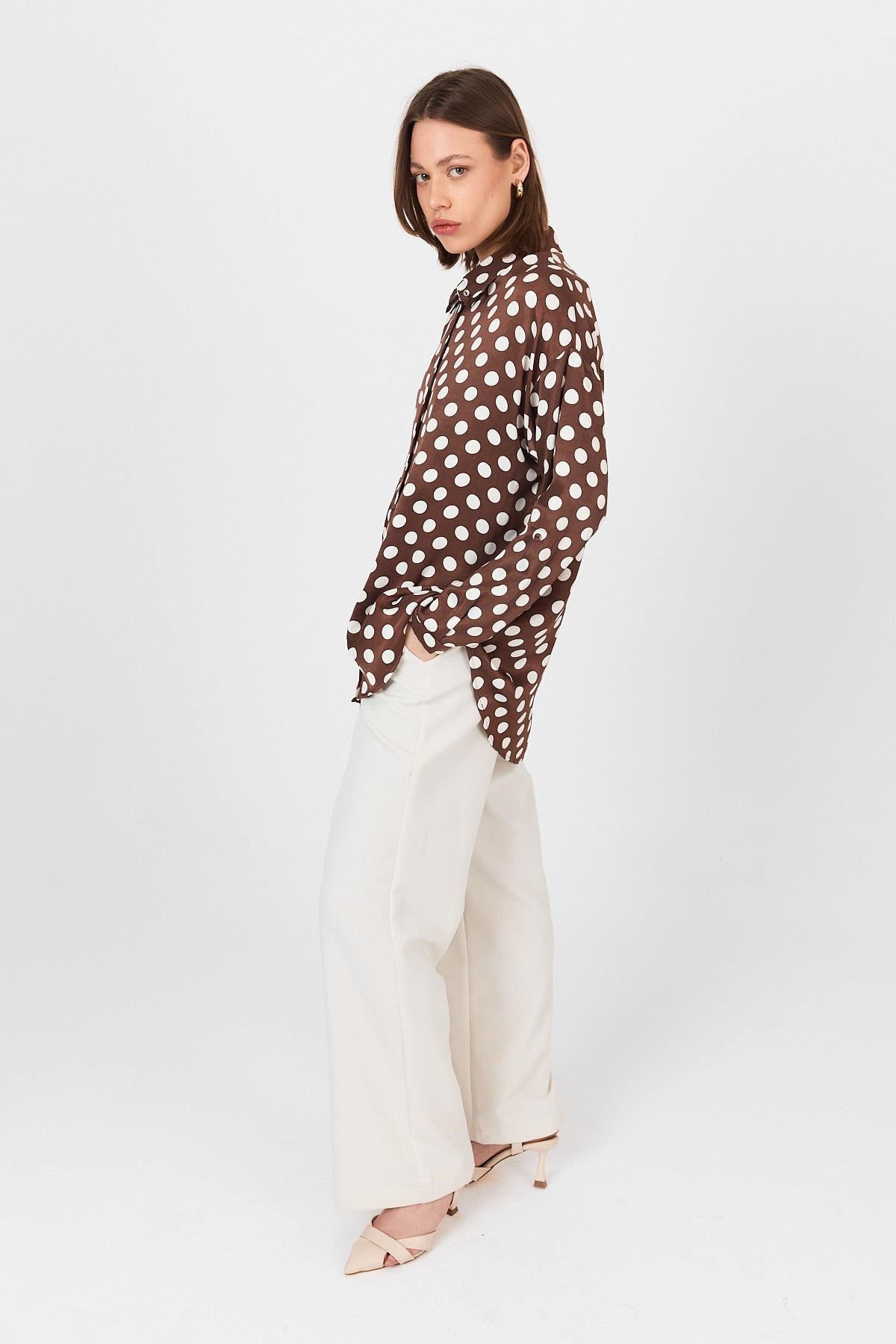 Kahve Puantiye Desen Oversize Saten Gömlek 9411